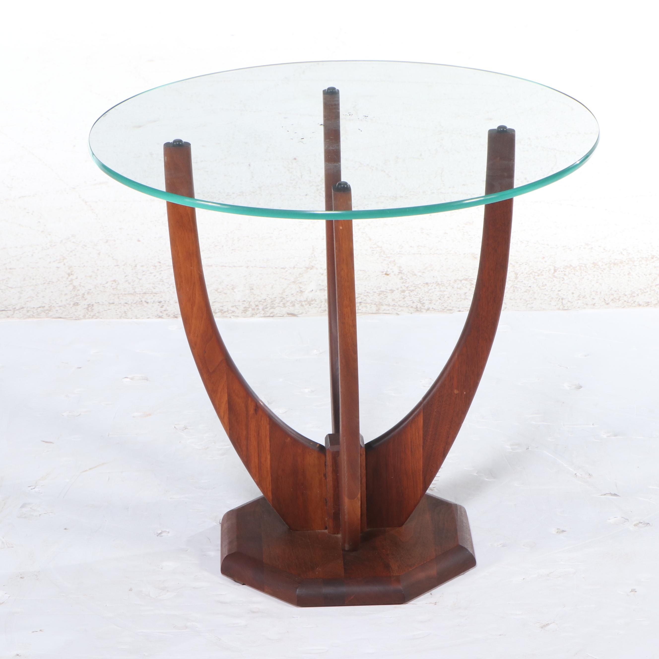 Mid Century Modern Round Walnut Glass Top Accent Table