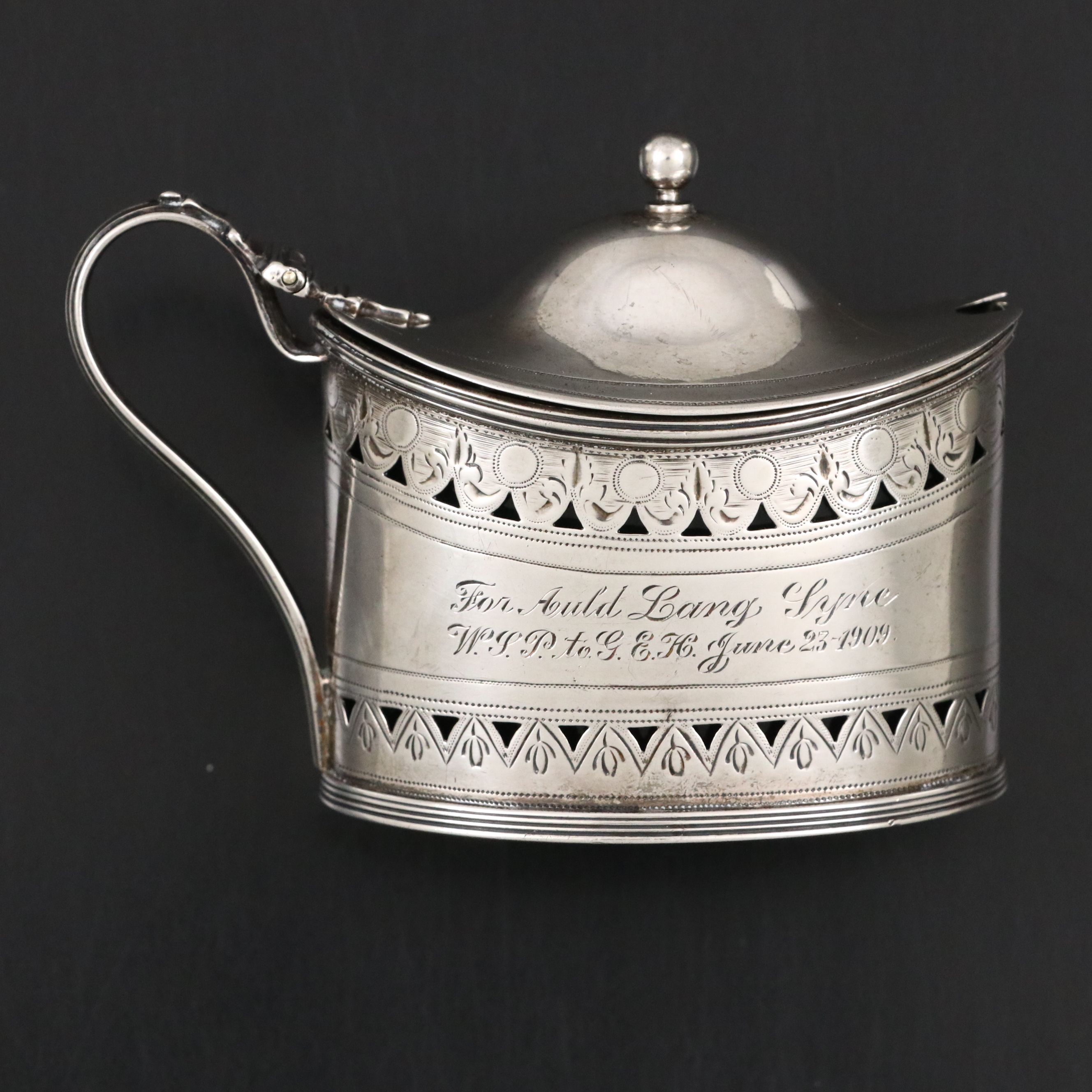 Robert and David Hennell Sterling Mustard Pot with Cobalt Glass Insert, 1796