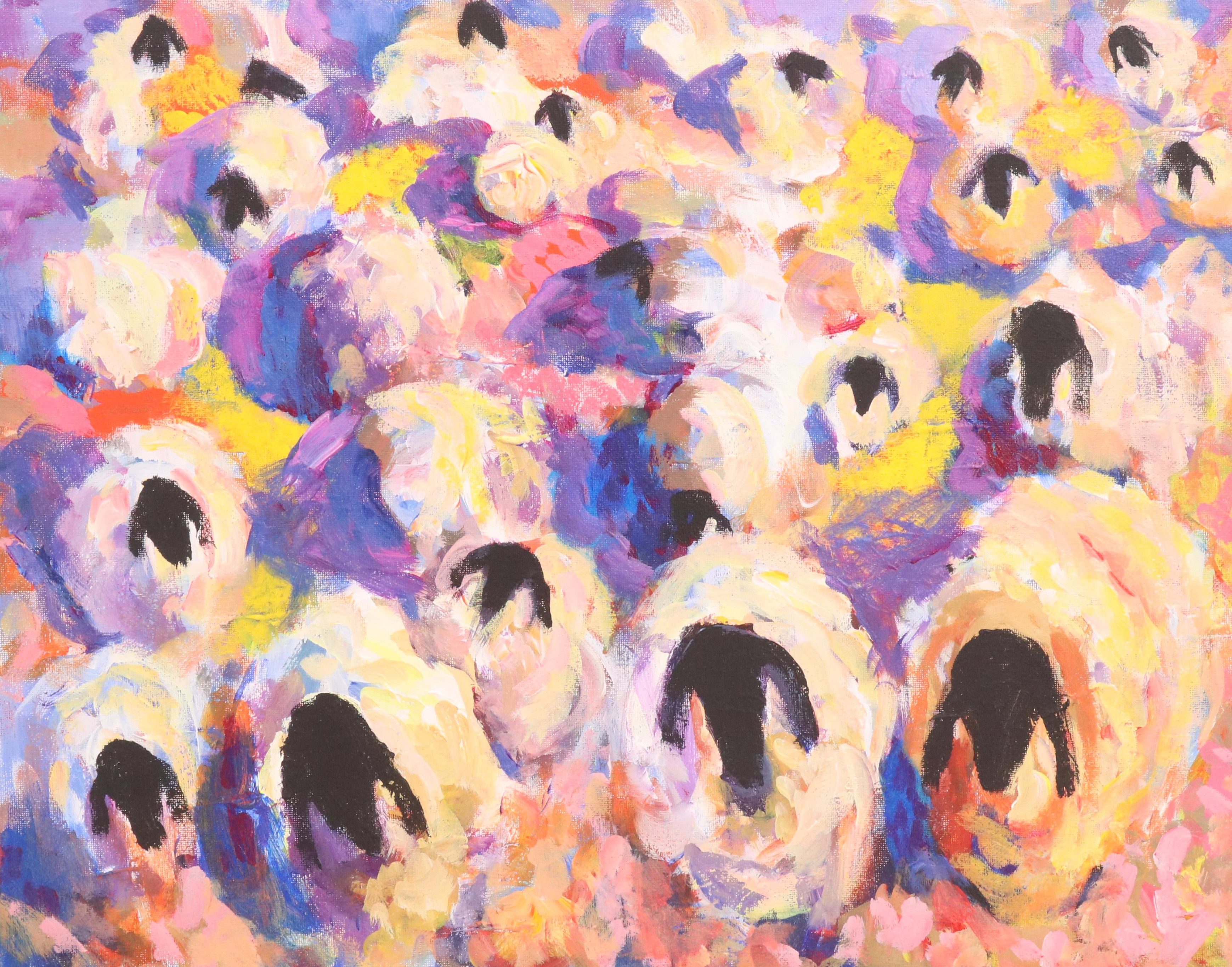 Elle Raines Stylized Acrylic Painting "Flock of Sheep #5," 21st Century