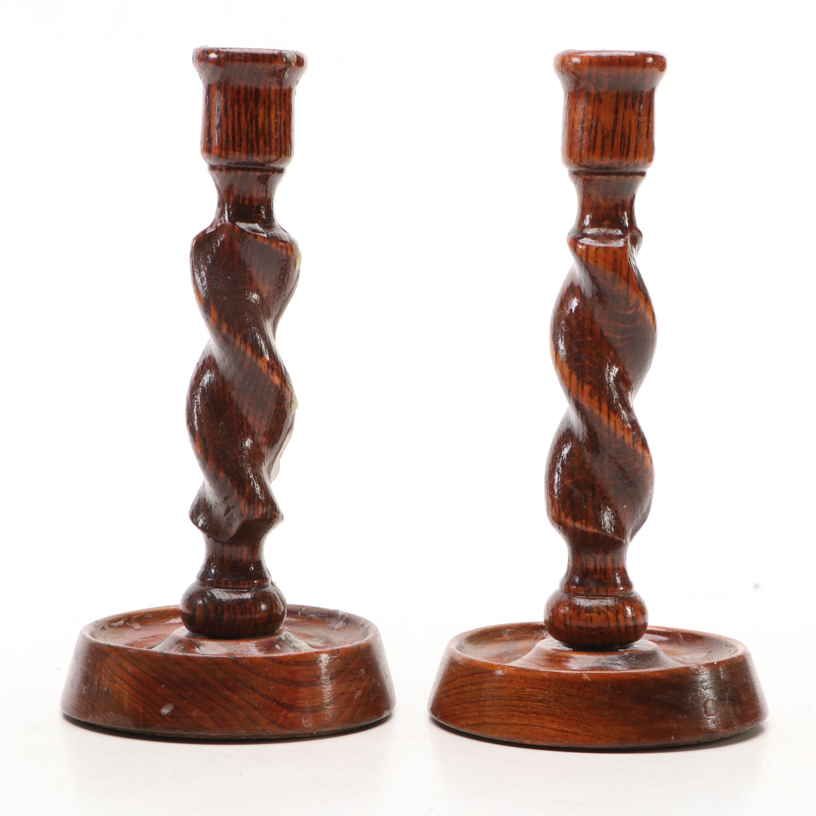 Spanish Hand-Painted Ceramic Pitcher with Wooden Spiral Candlesticks