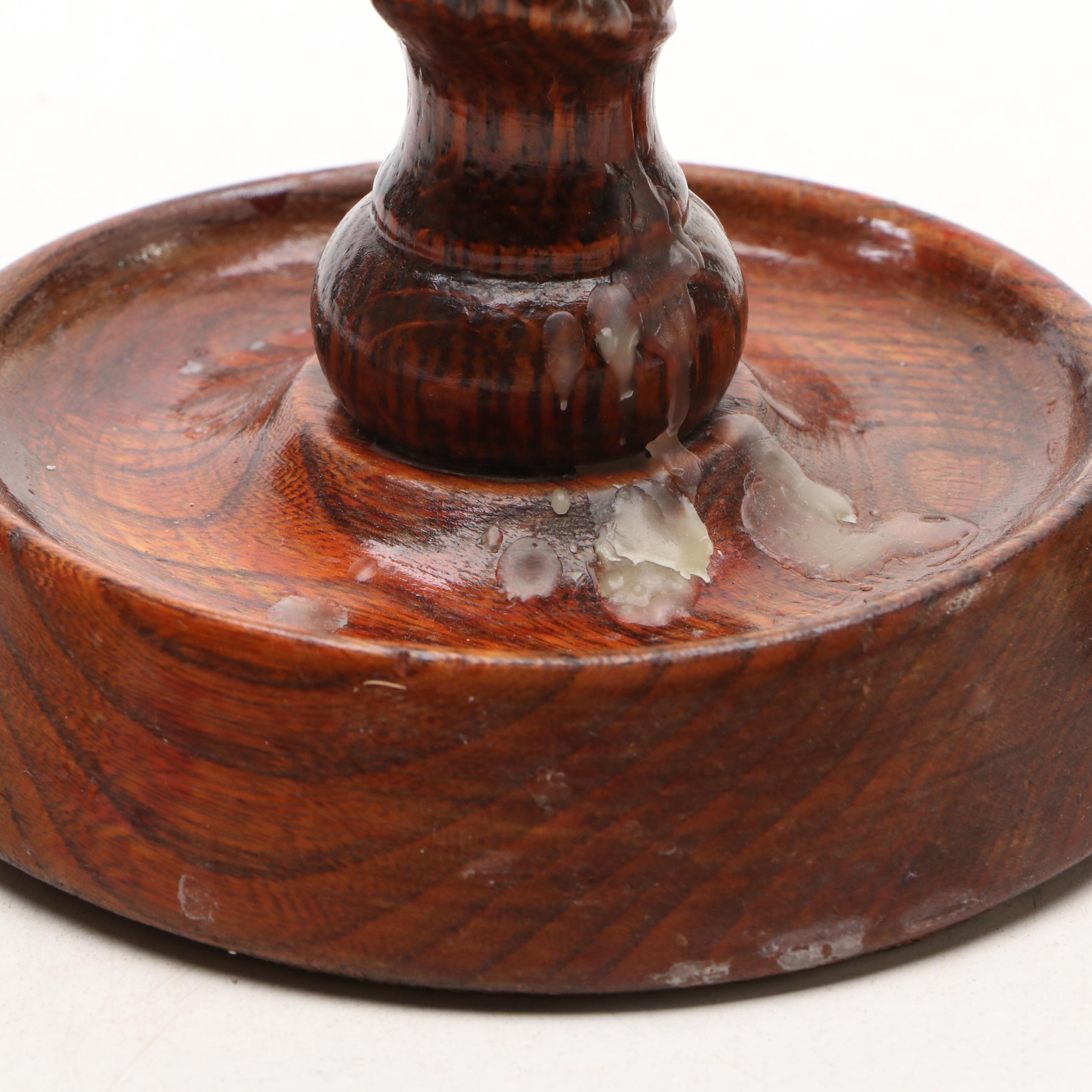 Spanish Hand-Painted Ceramic Pitcher with Wooden Spiral Candlesticks