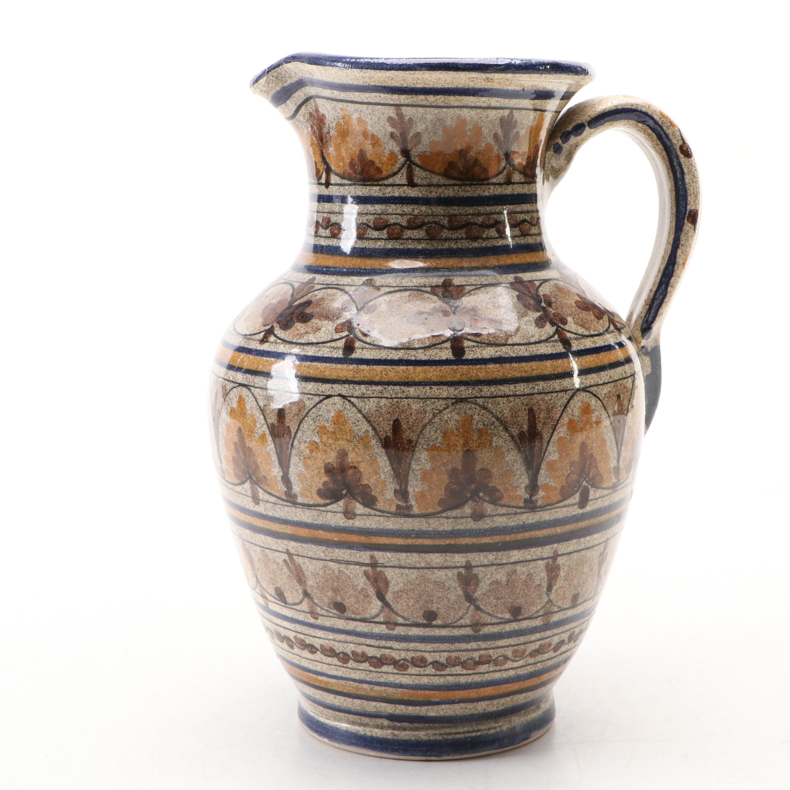 Spanish Hand-Painted Ceramic Pitcher with Wooden Spiral Candlesticks