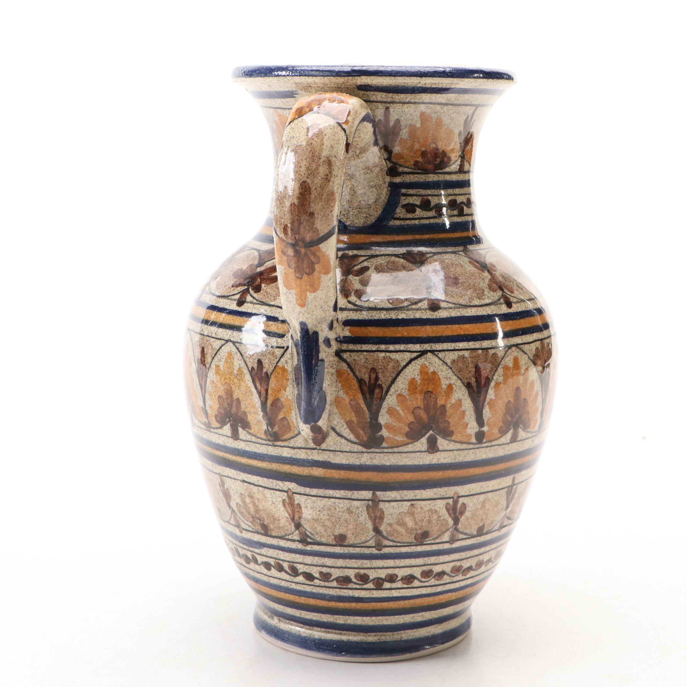 Spanish Hand-Painted Ceramic Pitcher with Wooden Spiral Candlesticks