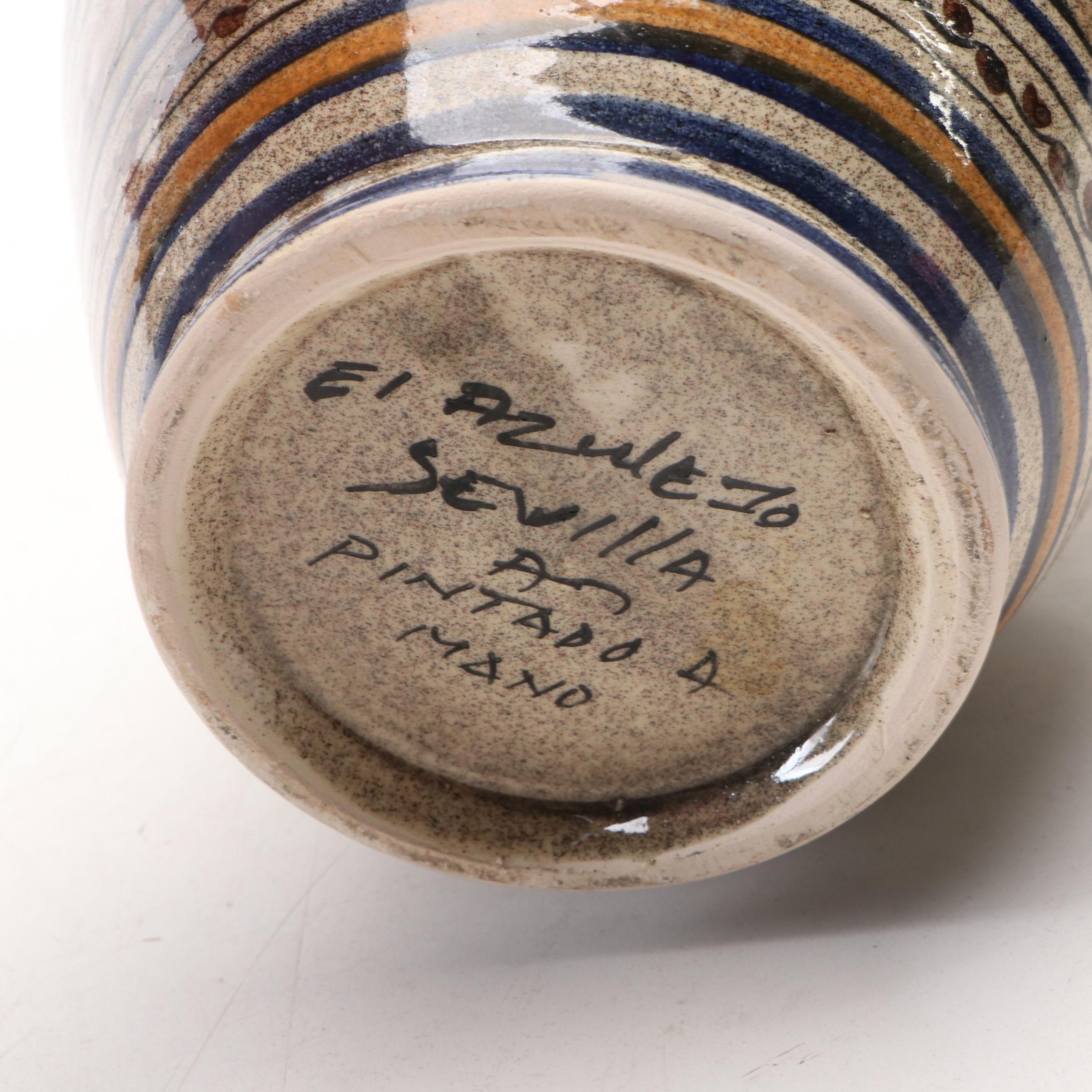 Spanish Hand-Painted Ceramic Pitcher with Wooden Spiral Candlesticks