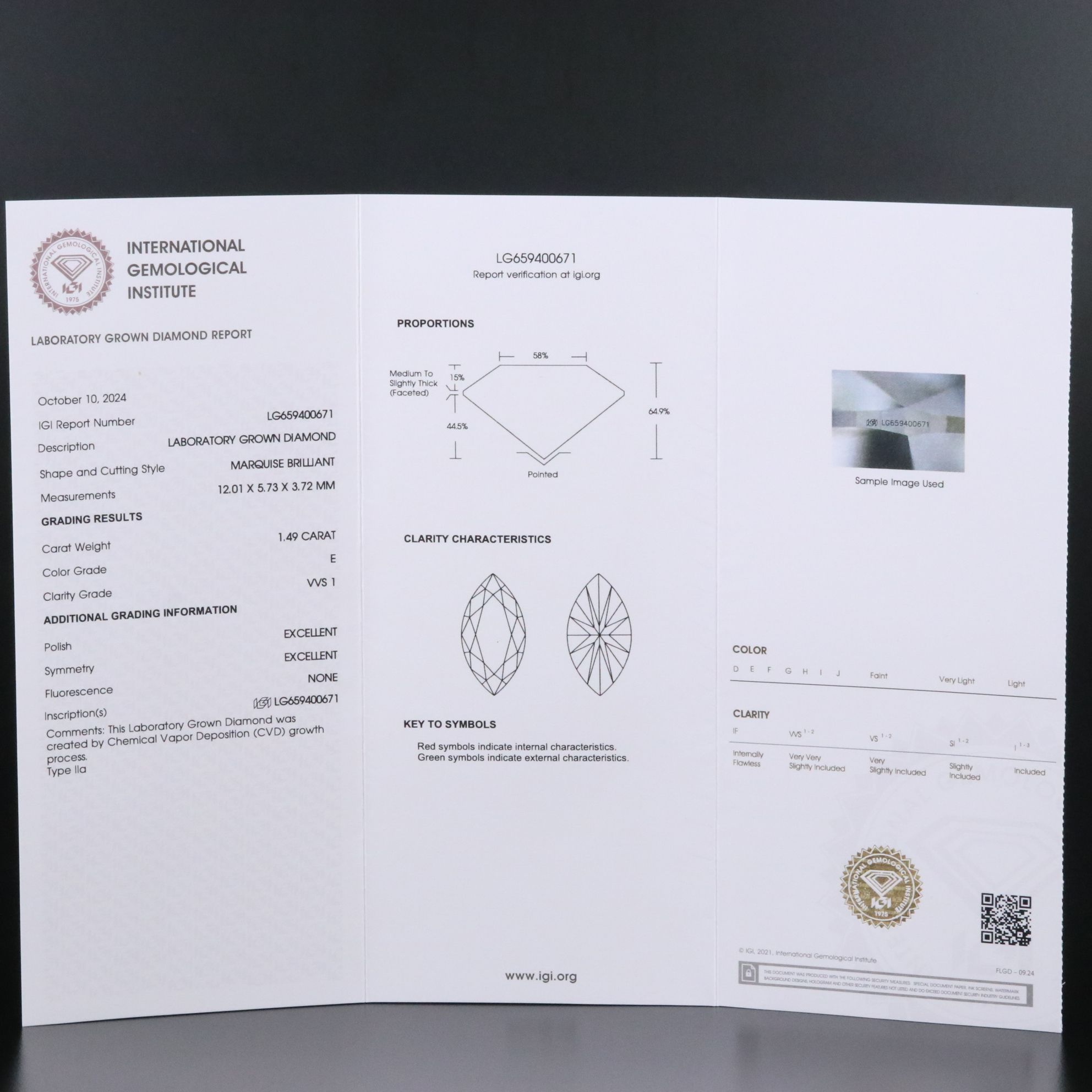 Loose 1.49 CT Lab Grown Diamond with IGI Report