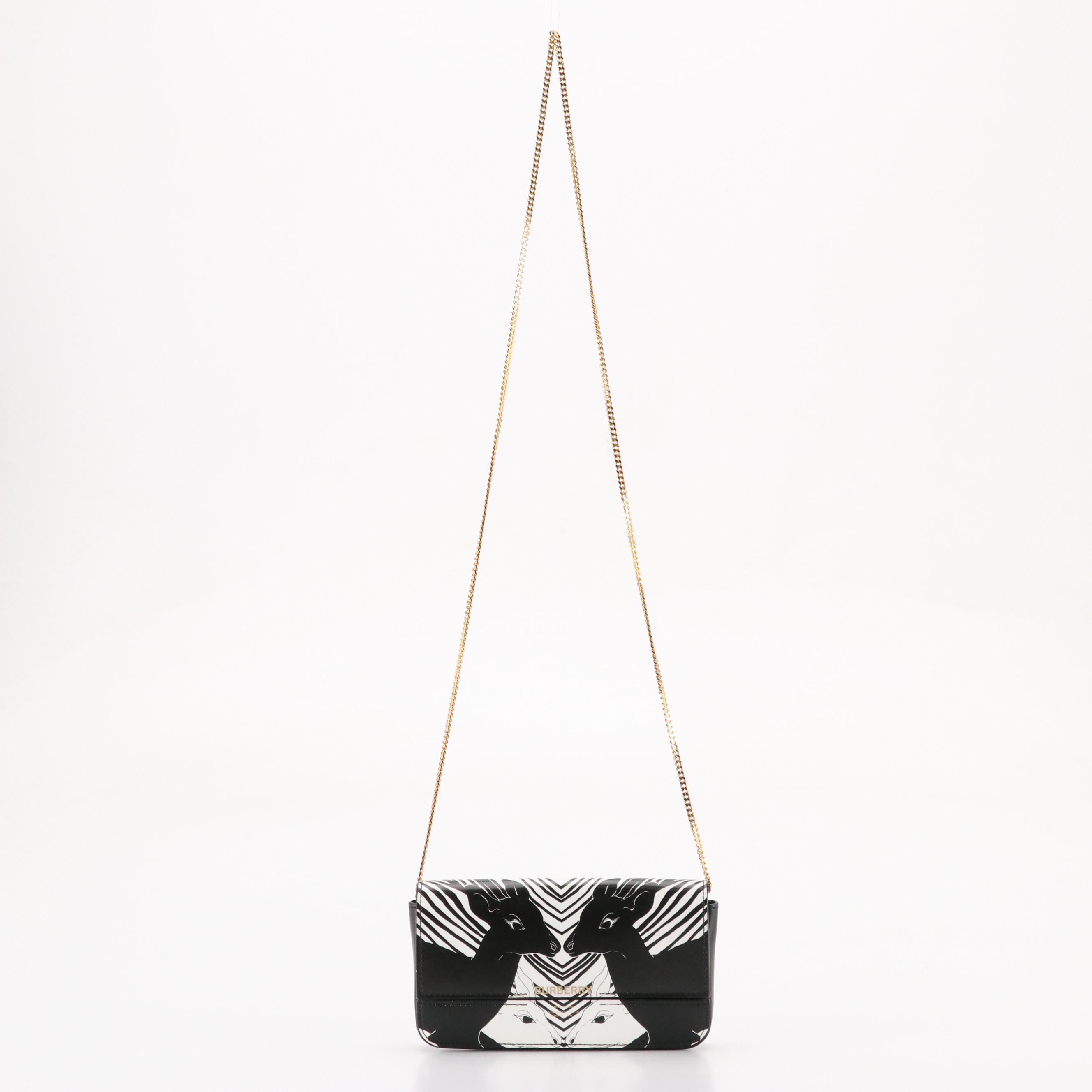 Burberry "Camille" Chain Wallet in Black and White Deer Print Leather, With Tag
