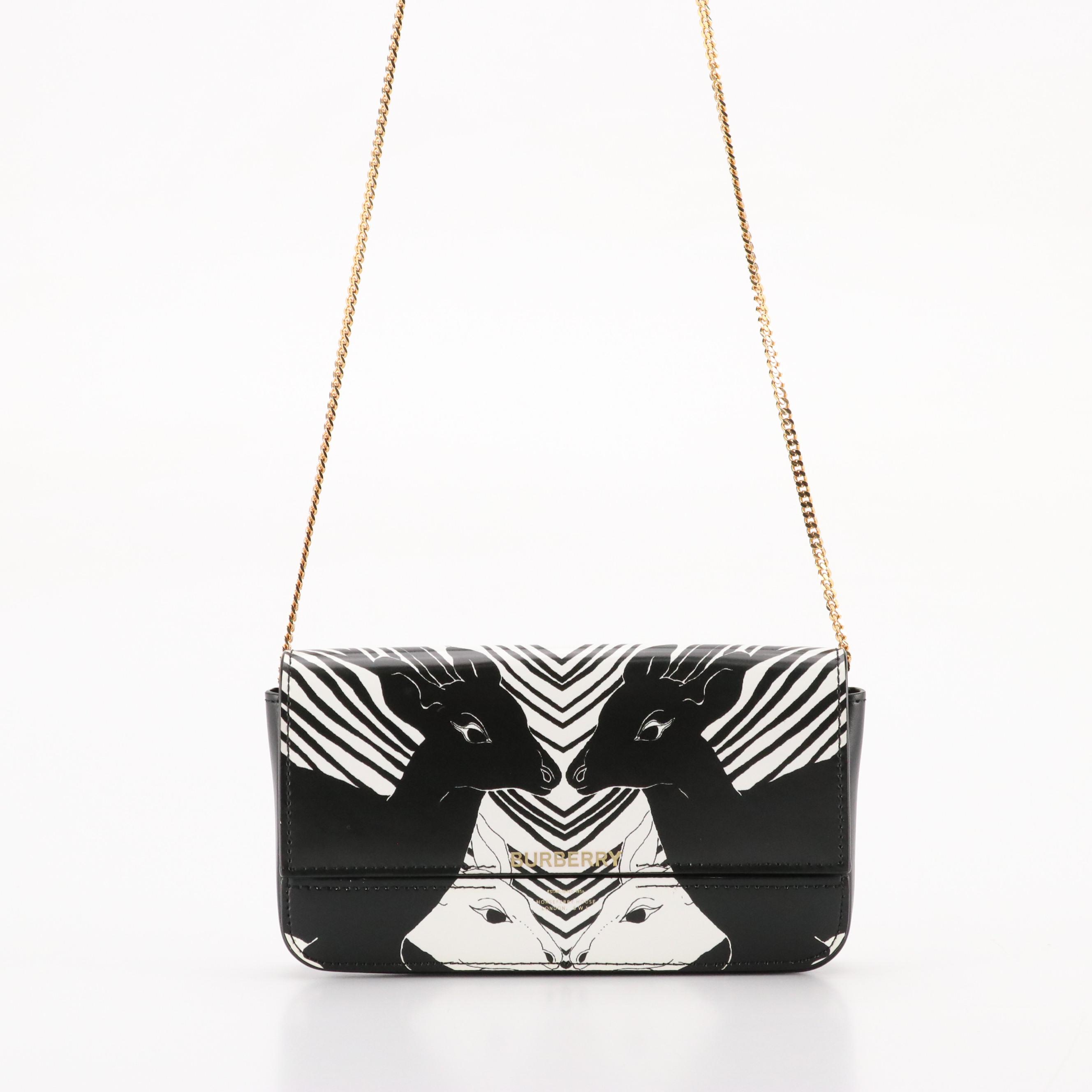 Burberry "Camille" Chain Wallet in Black and White Deer Print Leather, With Tag