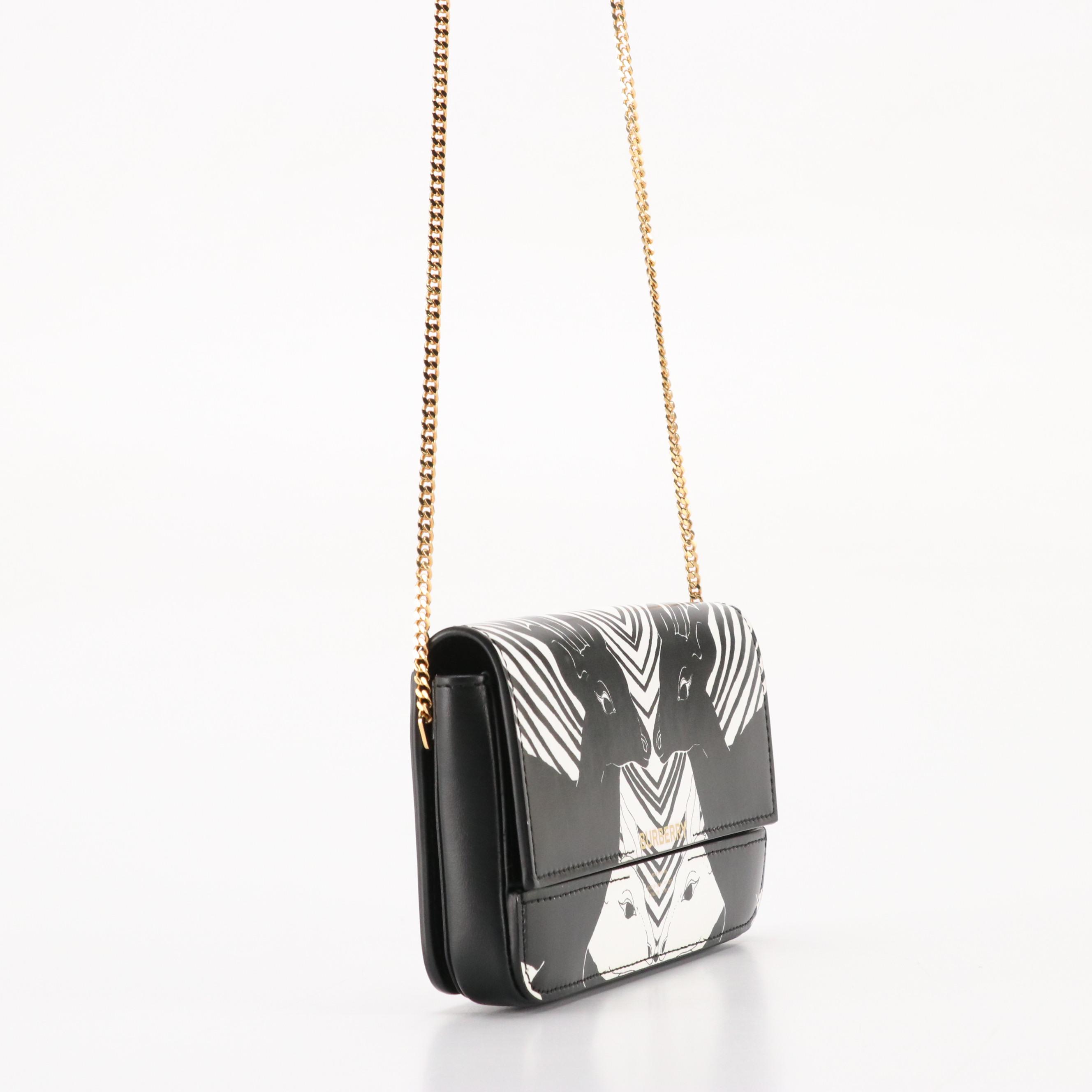 Burberry "Camille" Chain Wallet in Black and White Deer Print Leather, With Tag