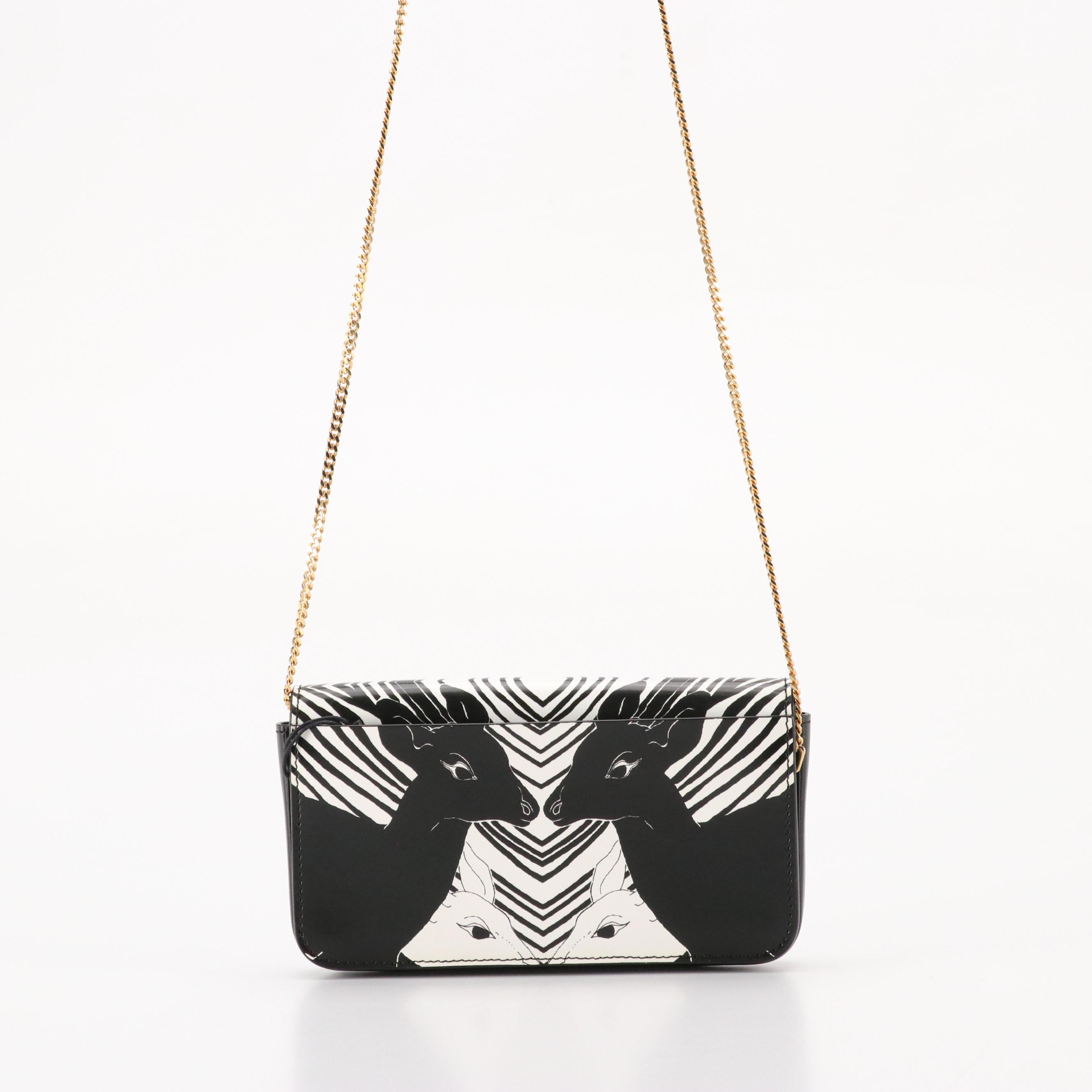 Burberry "Camille" Chain Wallet in Black and White Deer Print Leather, With Tag