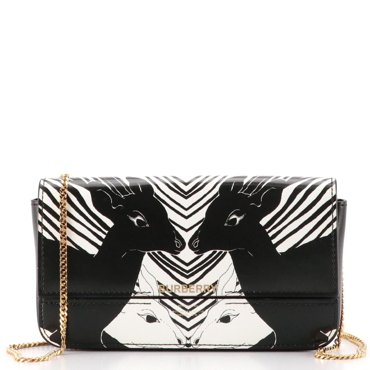 Burberry "Camille" Chain Wallet in Black and White Deer Print Leather, With Tag