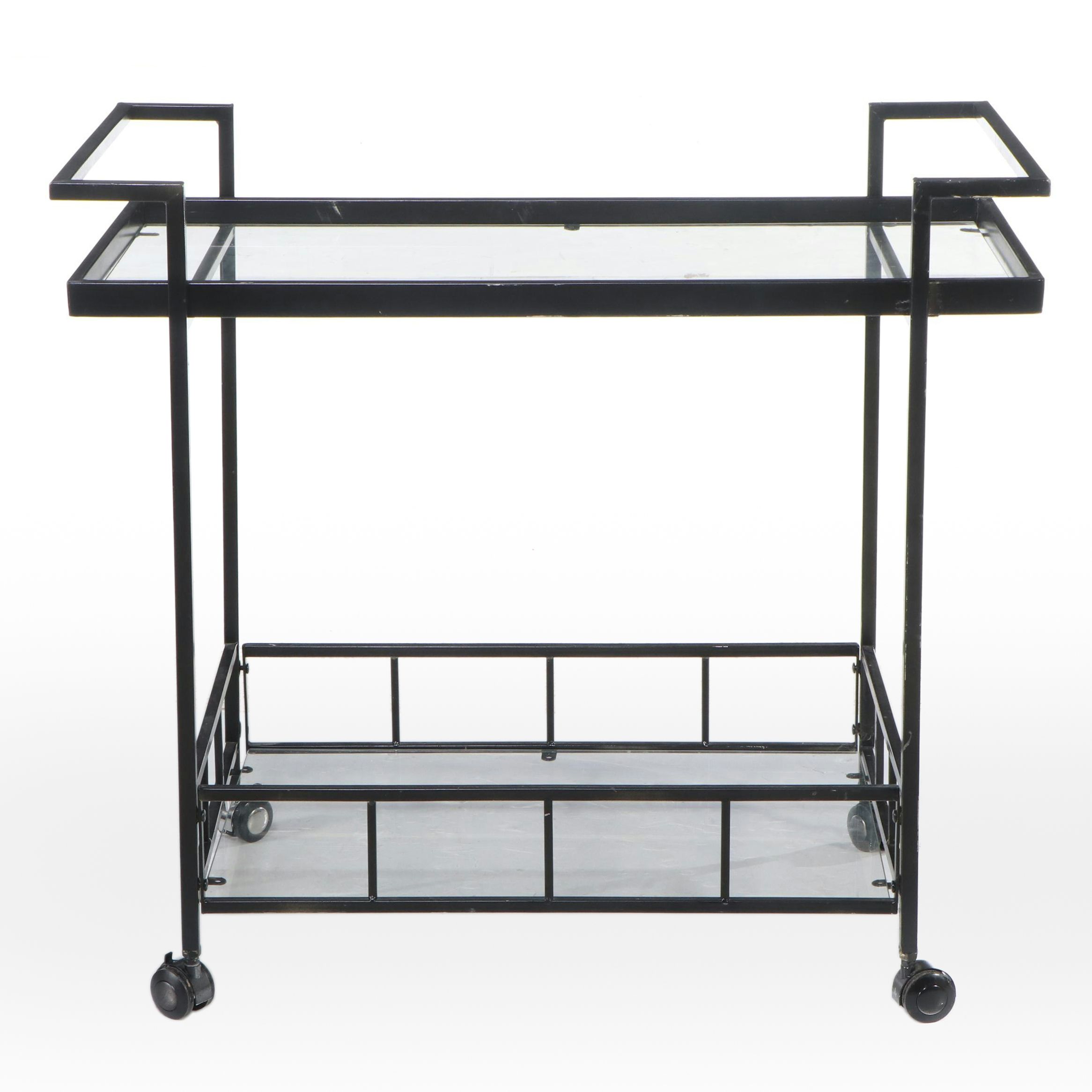 Modernist Style Black Metal and Glass Two-Tier Bar Cart