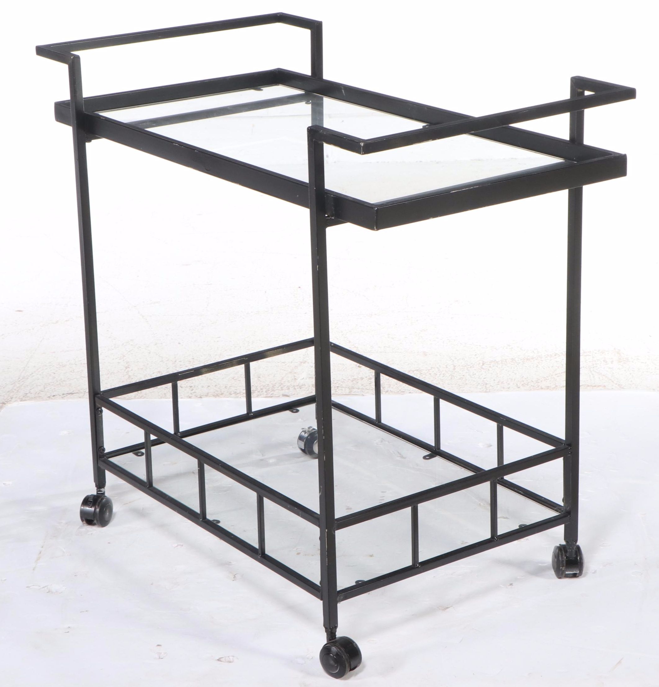 Modernist Style Black Metal and Glass Two-Tier Bar Cart