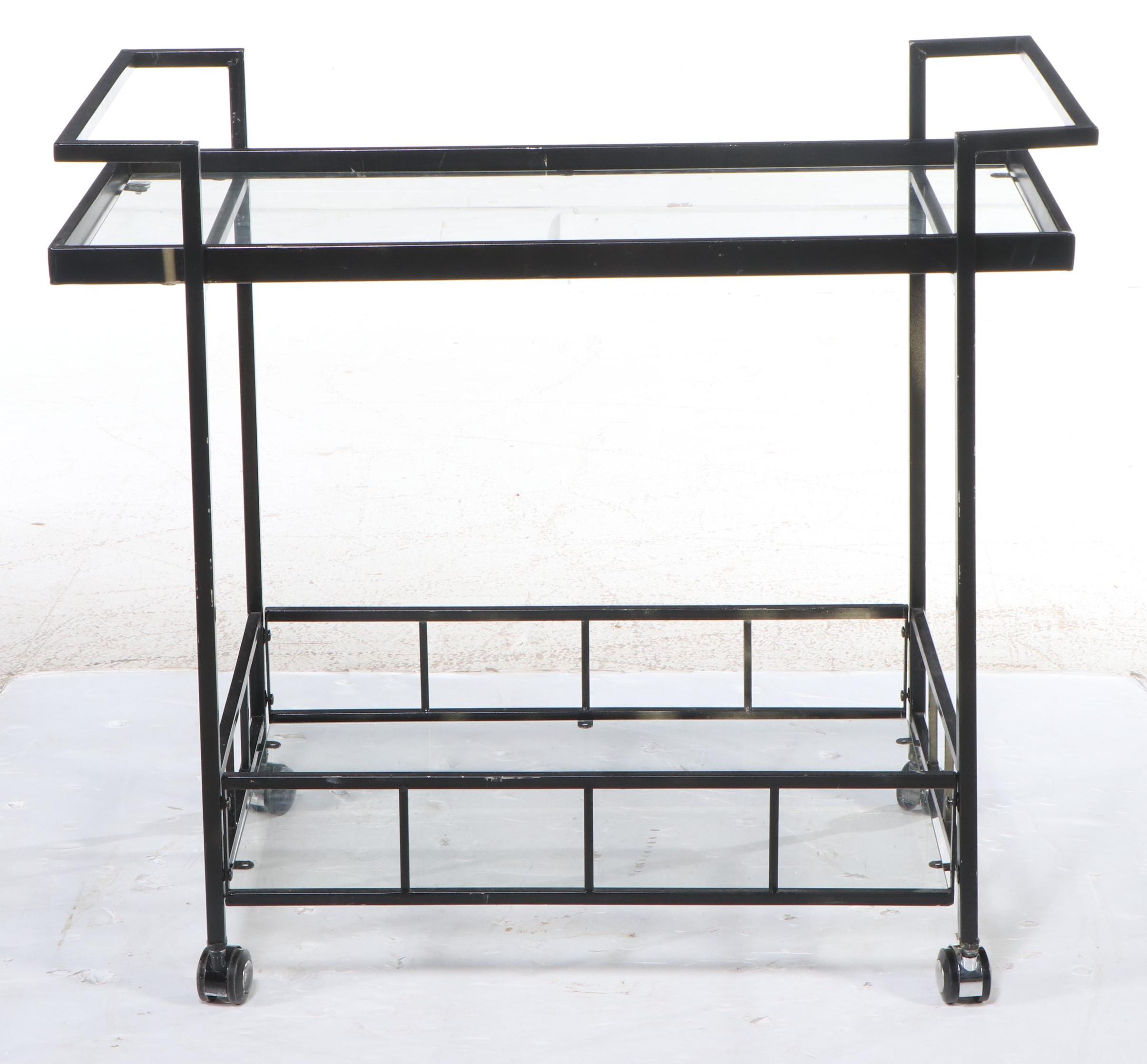 Modernist Style Black Metal and Glass Two-Tier Bar Cart