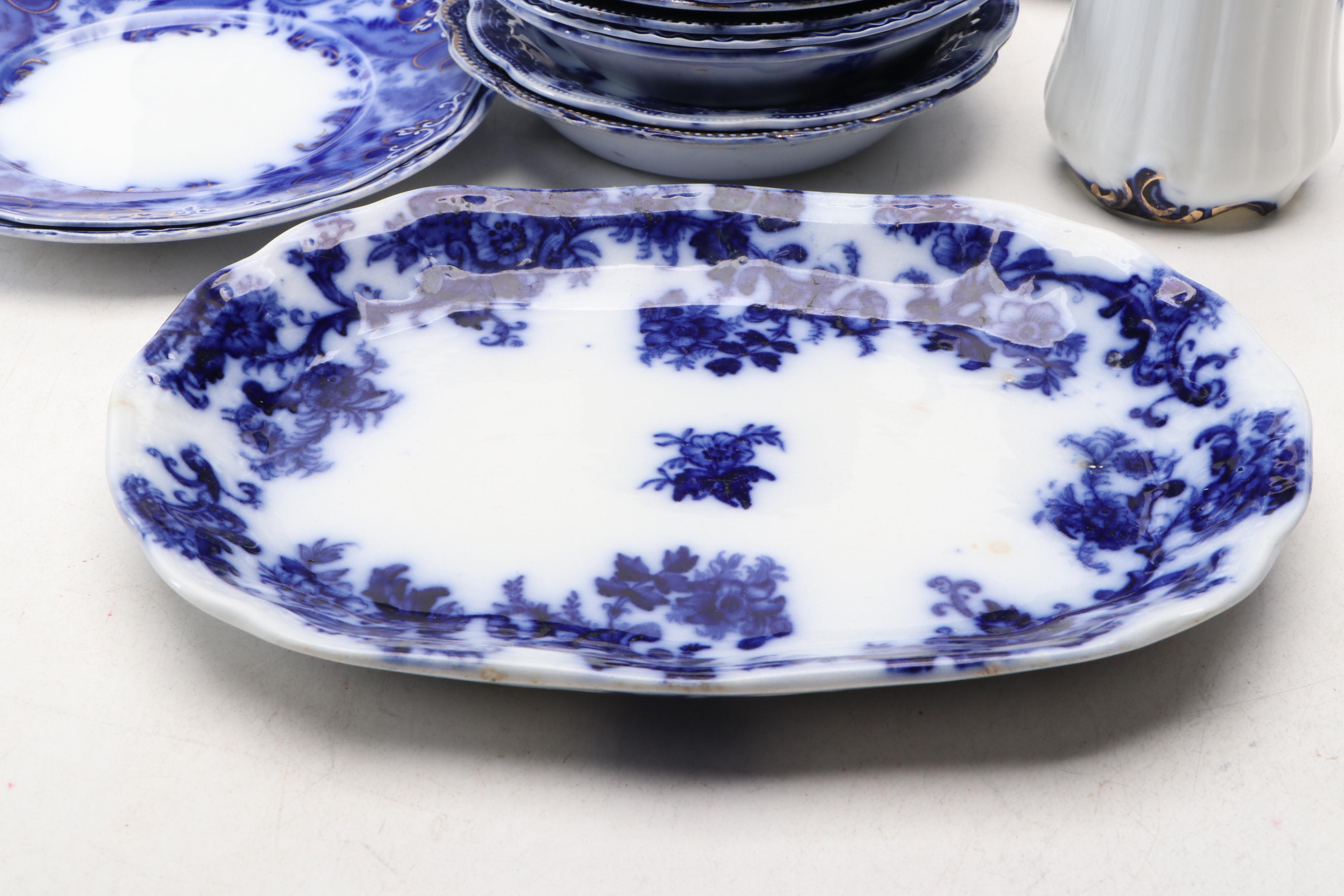Victorian Flow Blue Plates and Other Tableware, Late 19th Century