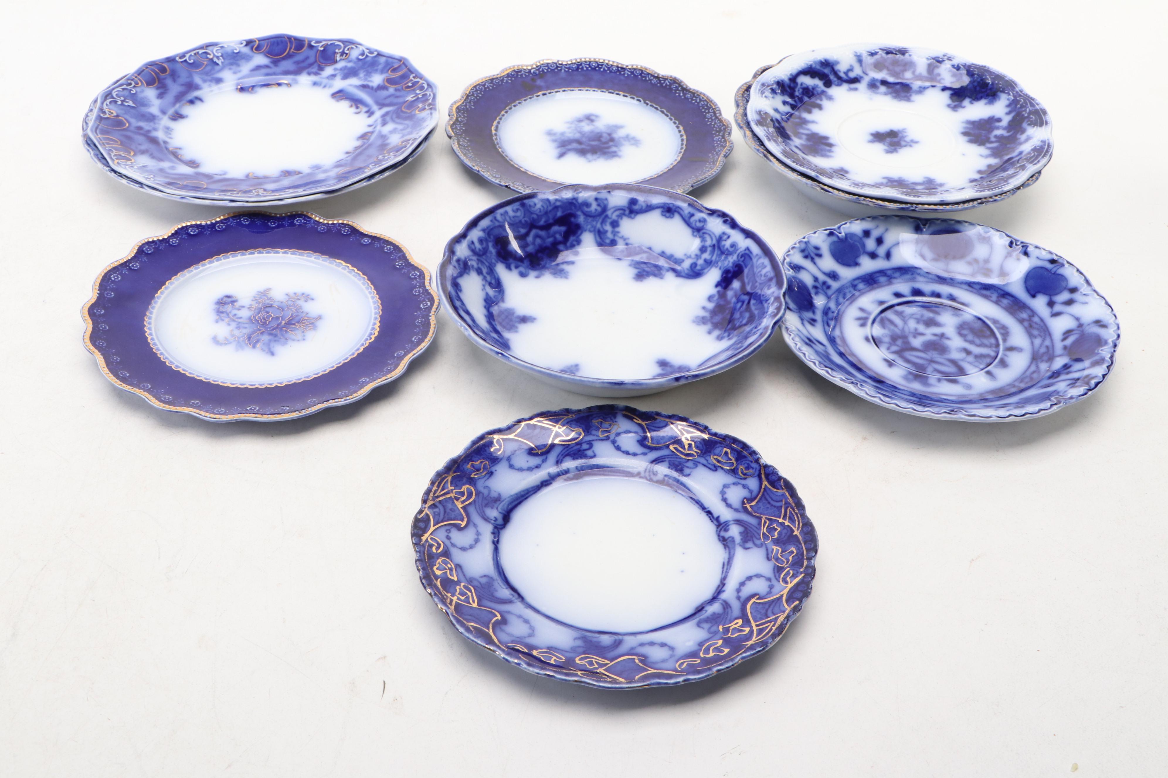 Victorian Flow Blue Plates and Other Tableware, Late 19th Century