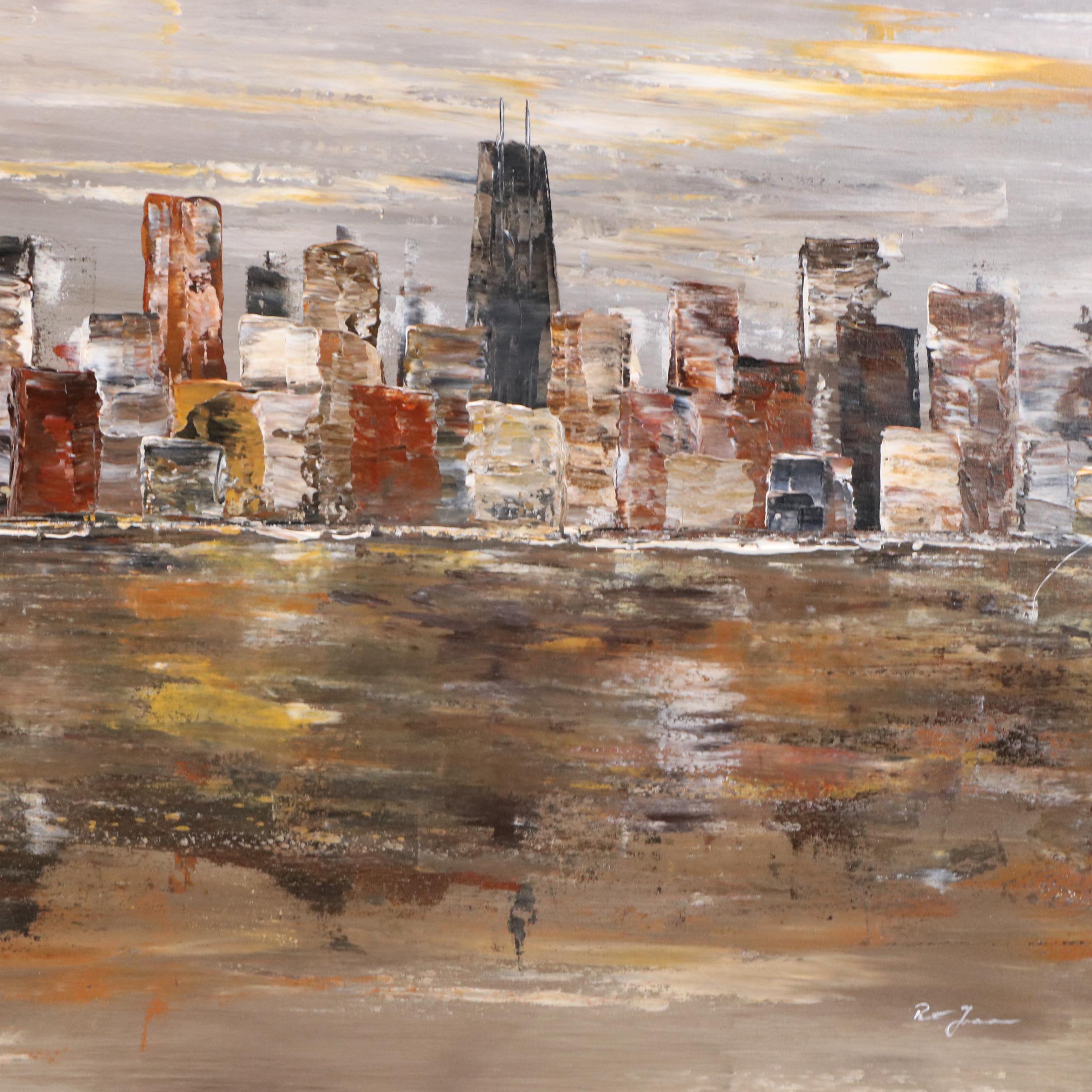 Paul Juszkiewicz Stylized Cityscape Acrylic Painting, 21st Century