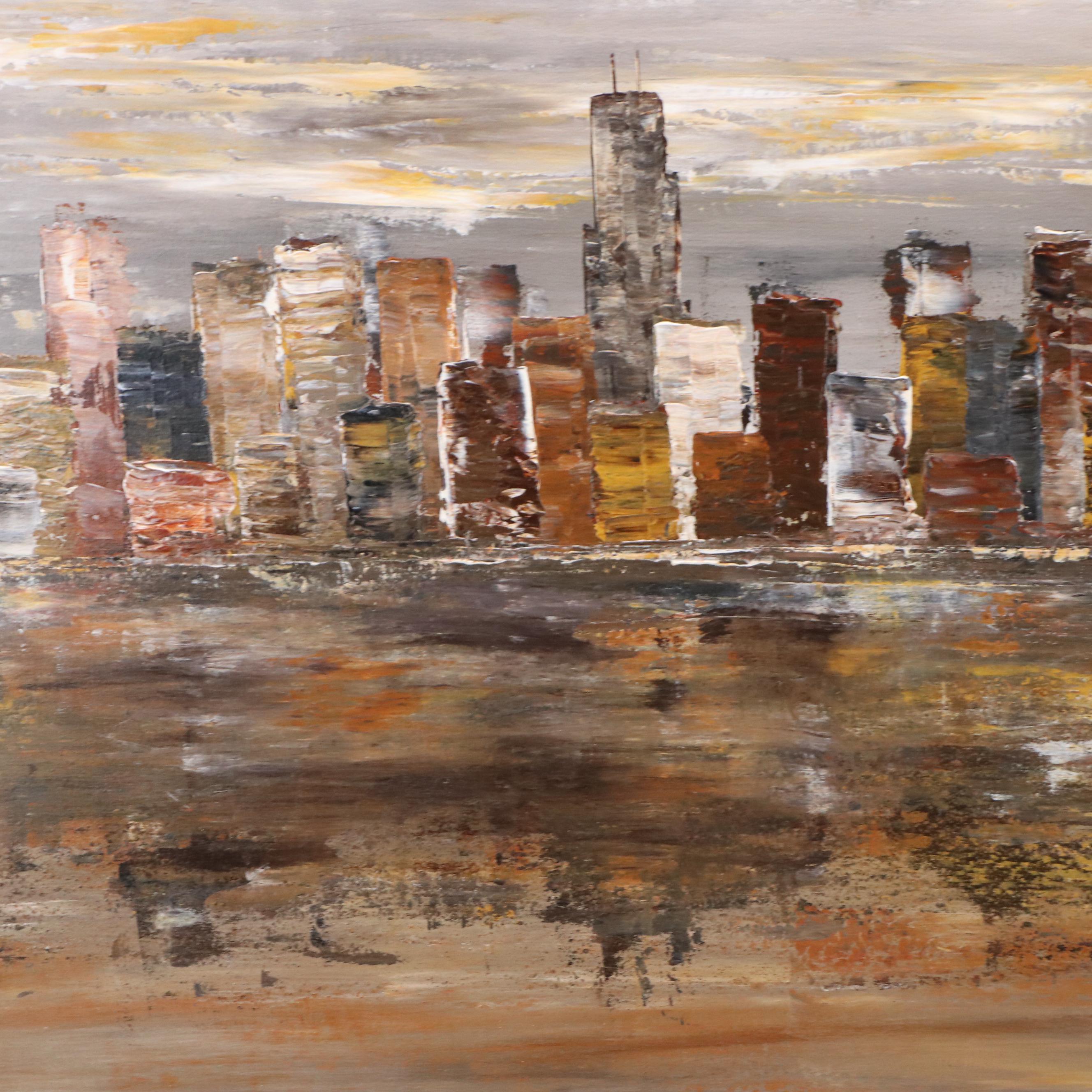 Paul Juszkiewicz Stylized Cityscape Acrylic Painting, 21st Century