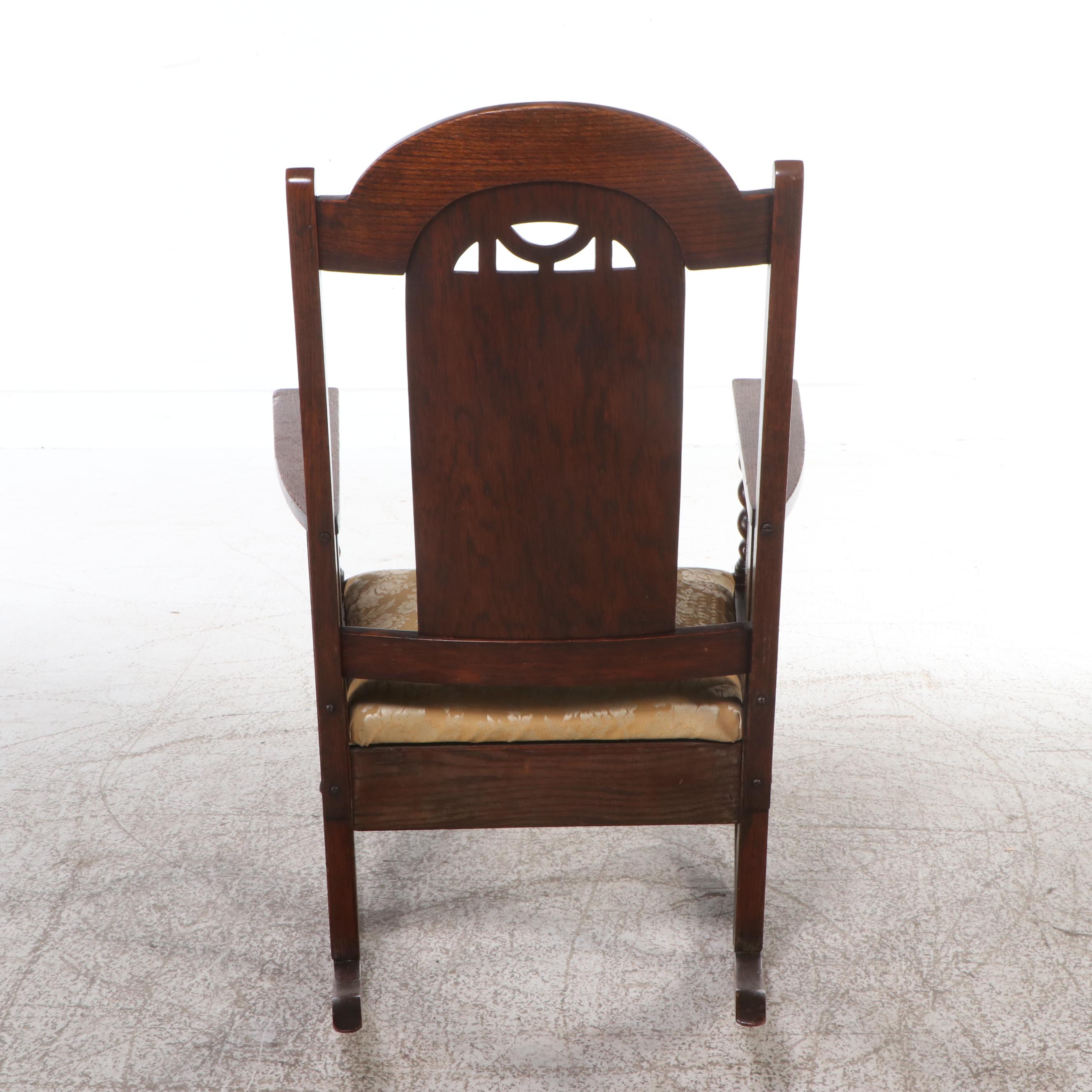 Mission Style Oak and Cane Rocking Chair with Barley Twist Detailing