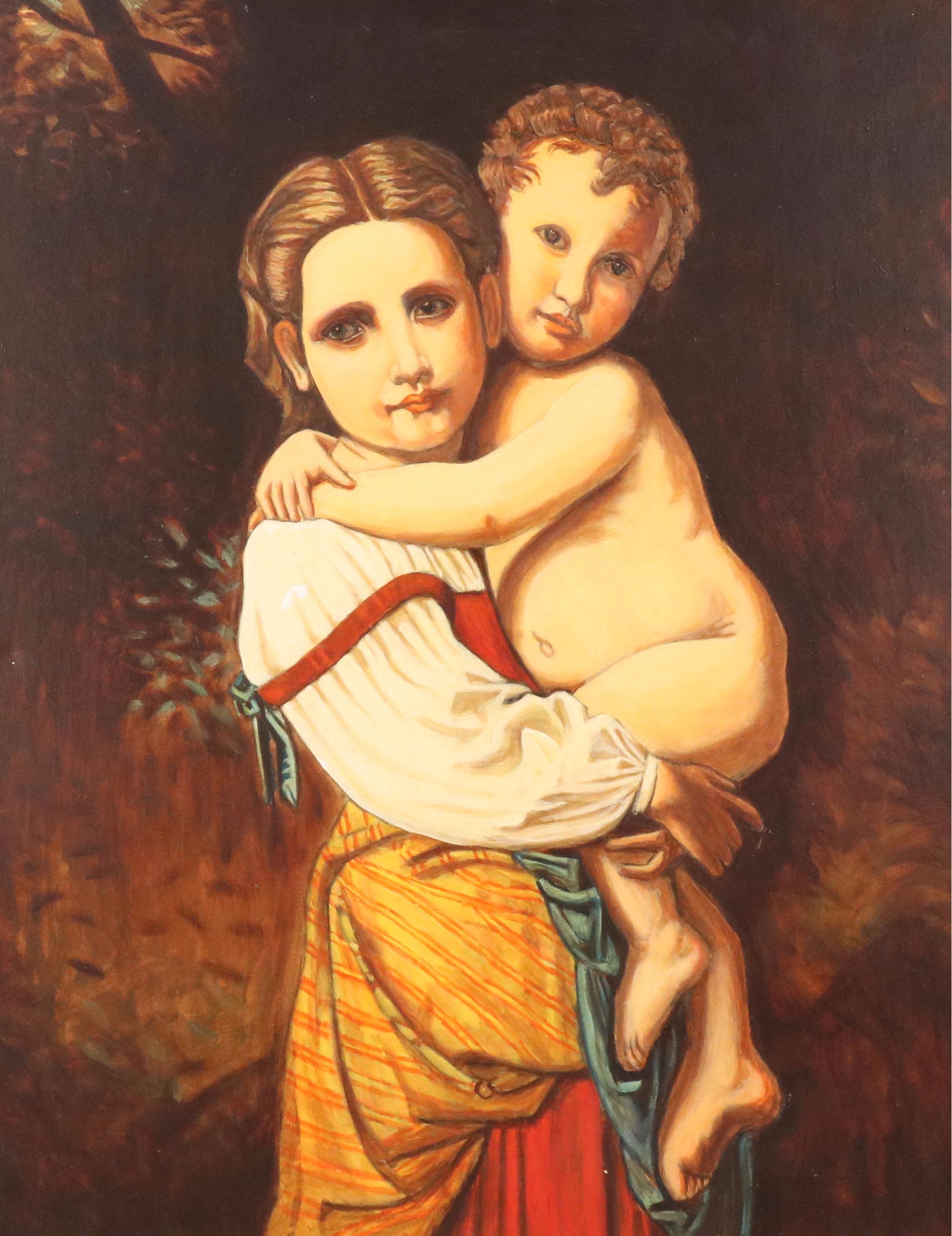 Portrait Oil Painting of Young Woman Holding Child, Late 20th Century