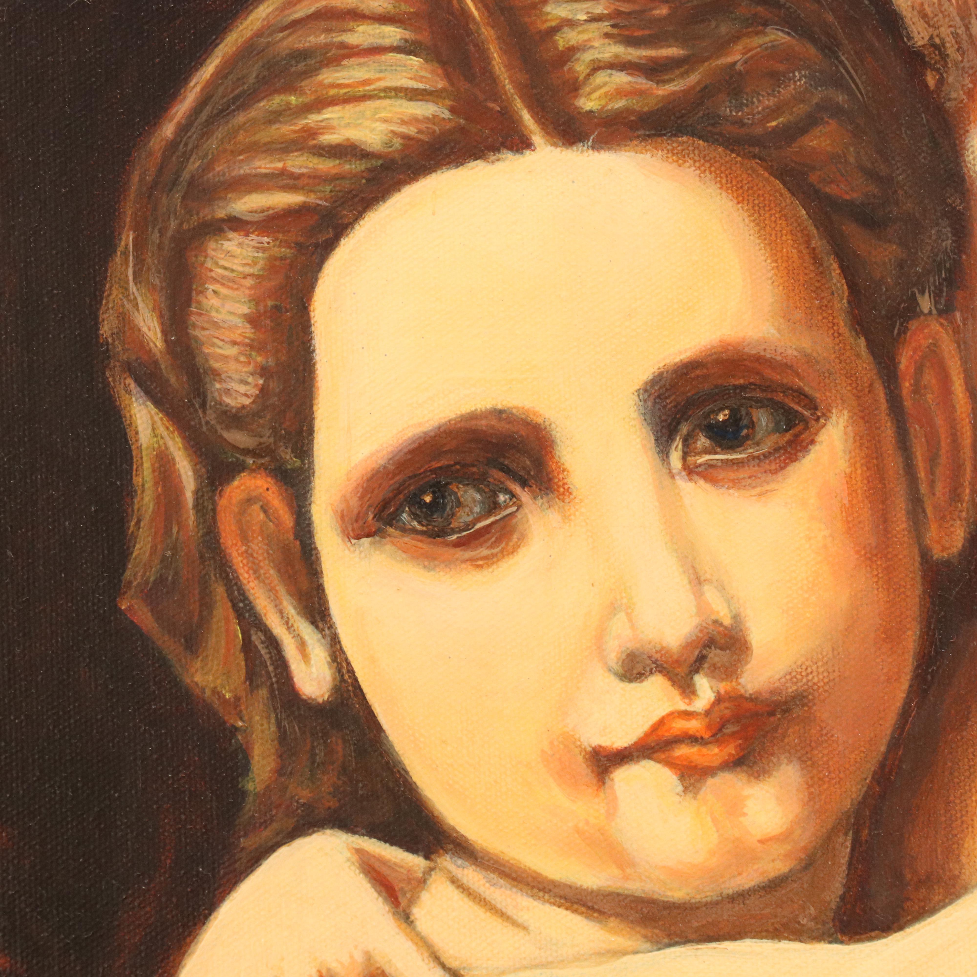 Portrait Oil Painting of Young Woman Holding Child, Late 20th Century