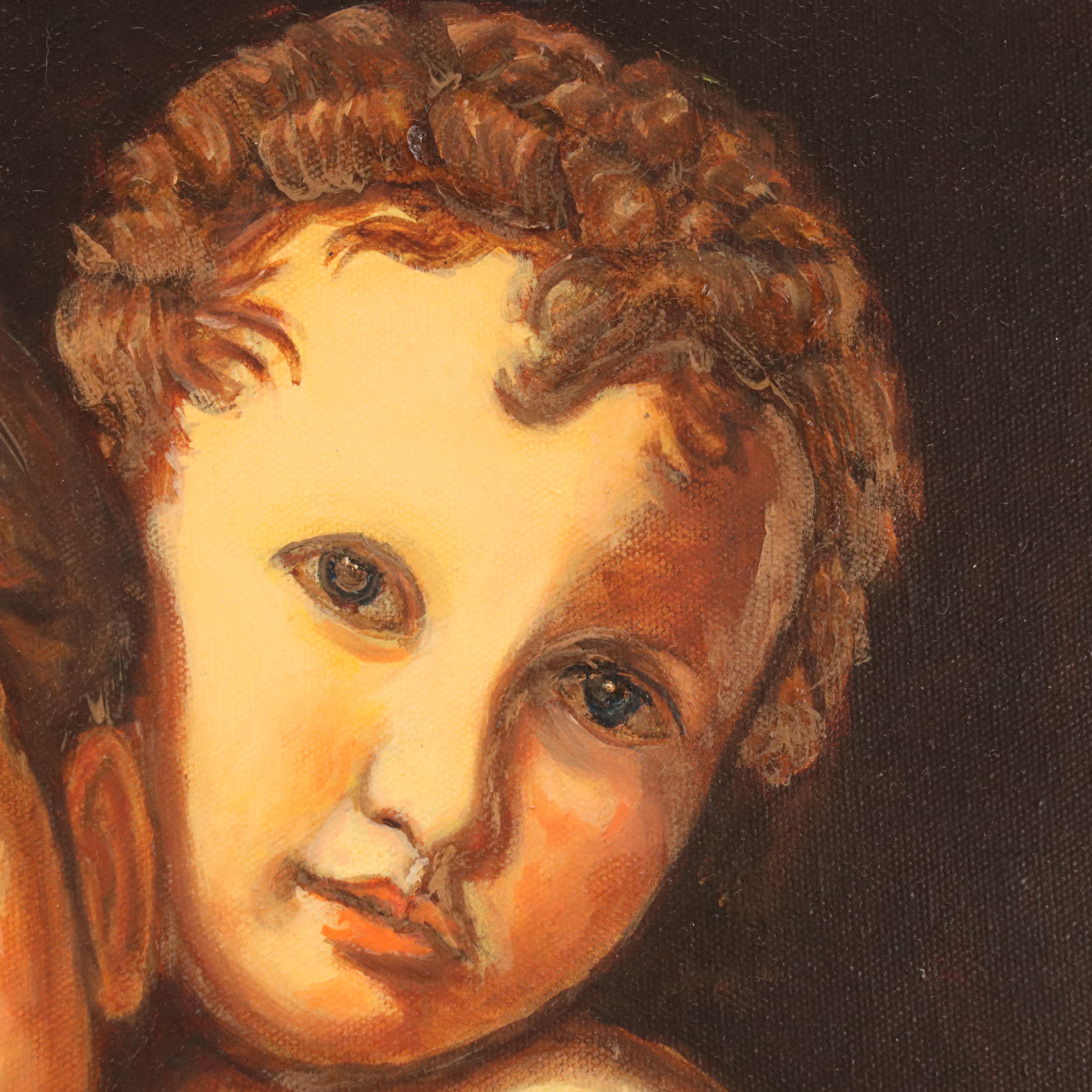 Portrait Oil Painting of Young Woman Holding Child, Late 20th Century