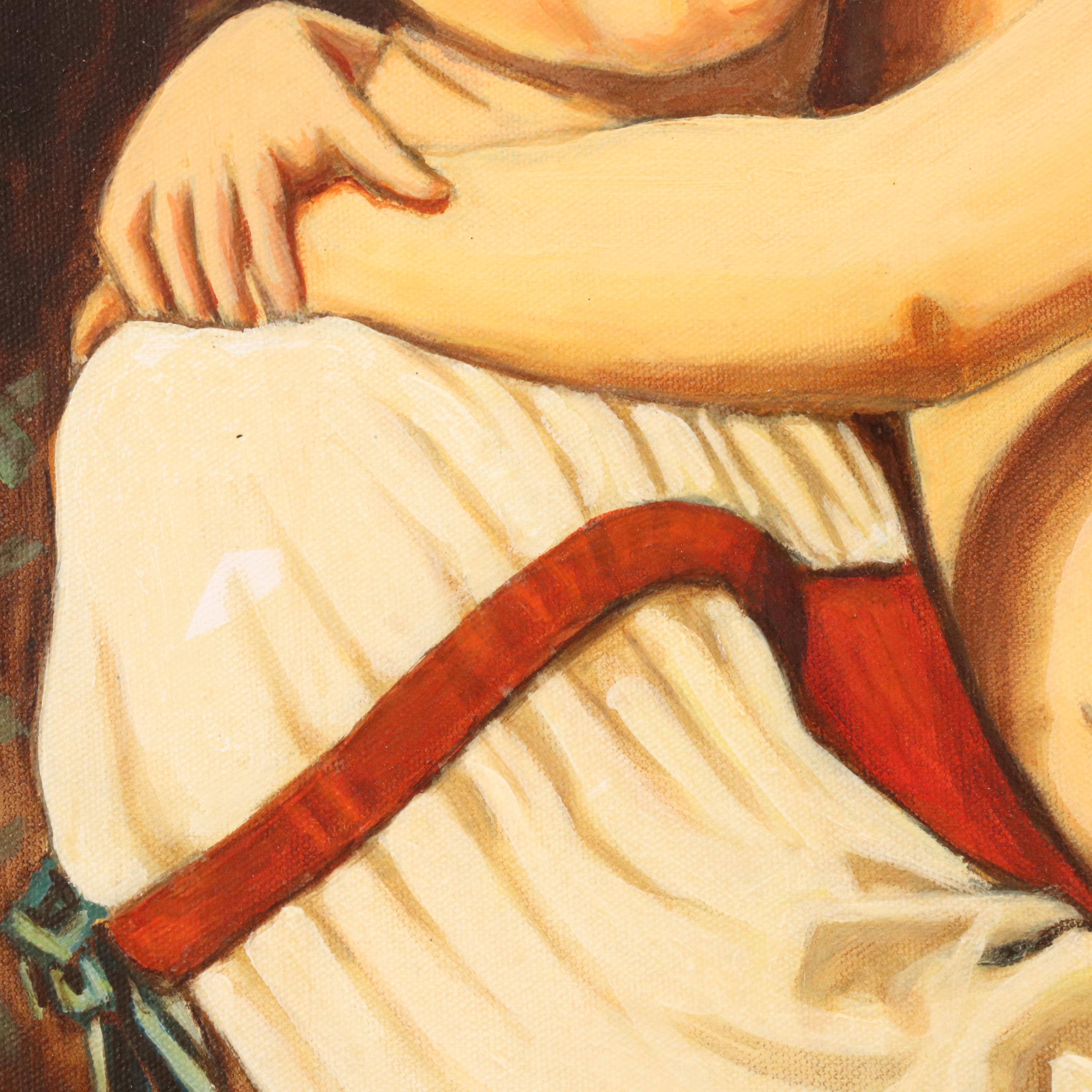 Portrait Oil Painting of Young Woman Holding Child, Late 20th Century