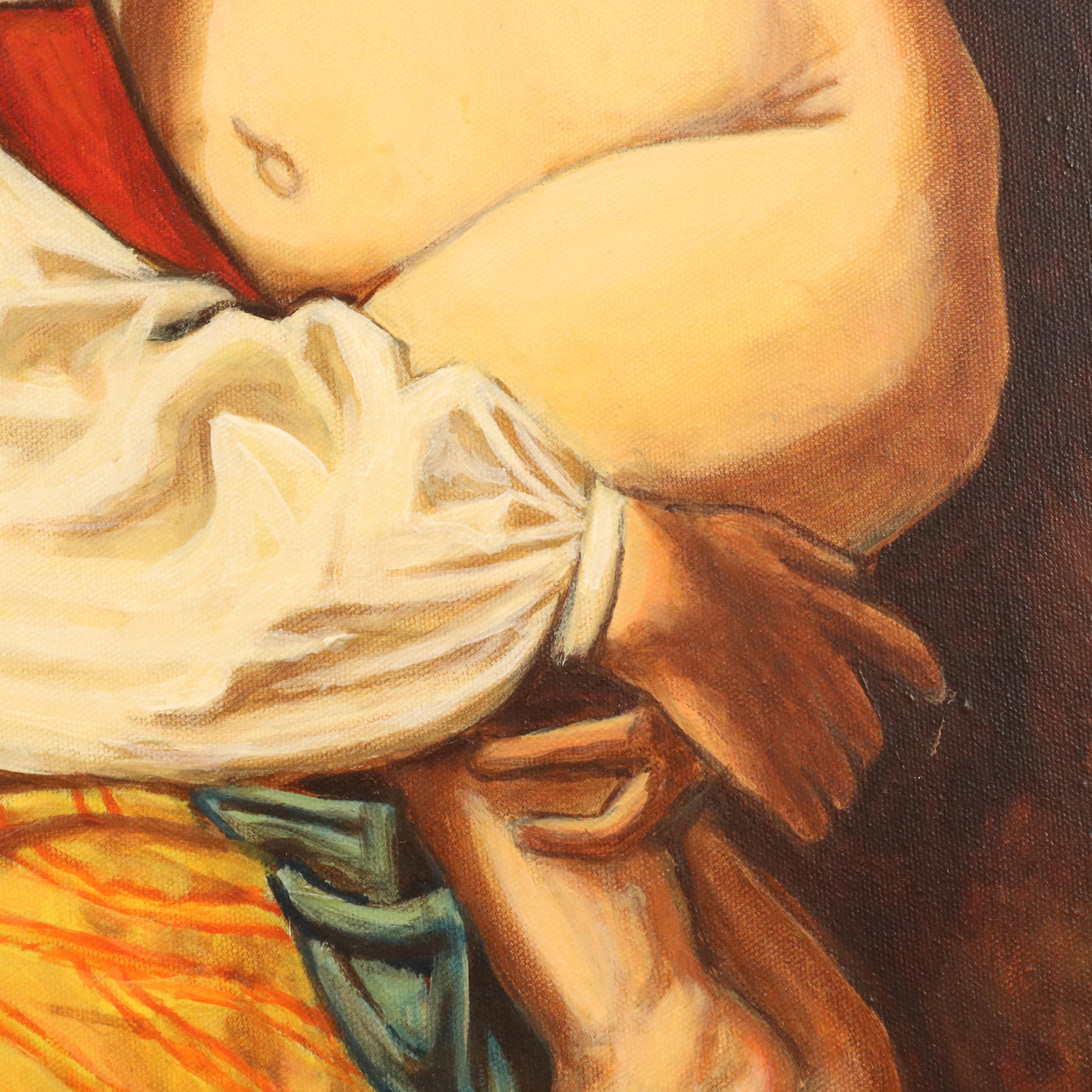 Portrait Oil Painting of Young Woman Holding Child, Late 20th Century