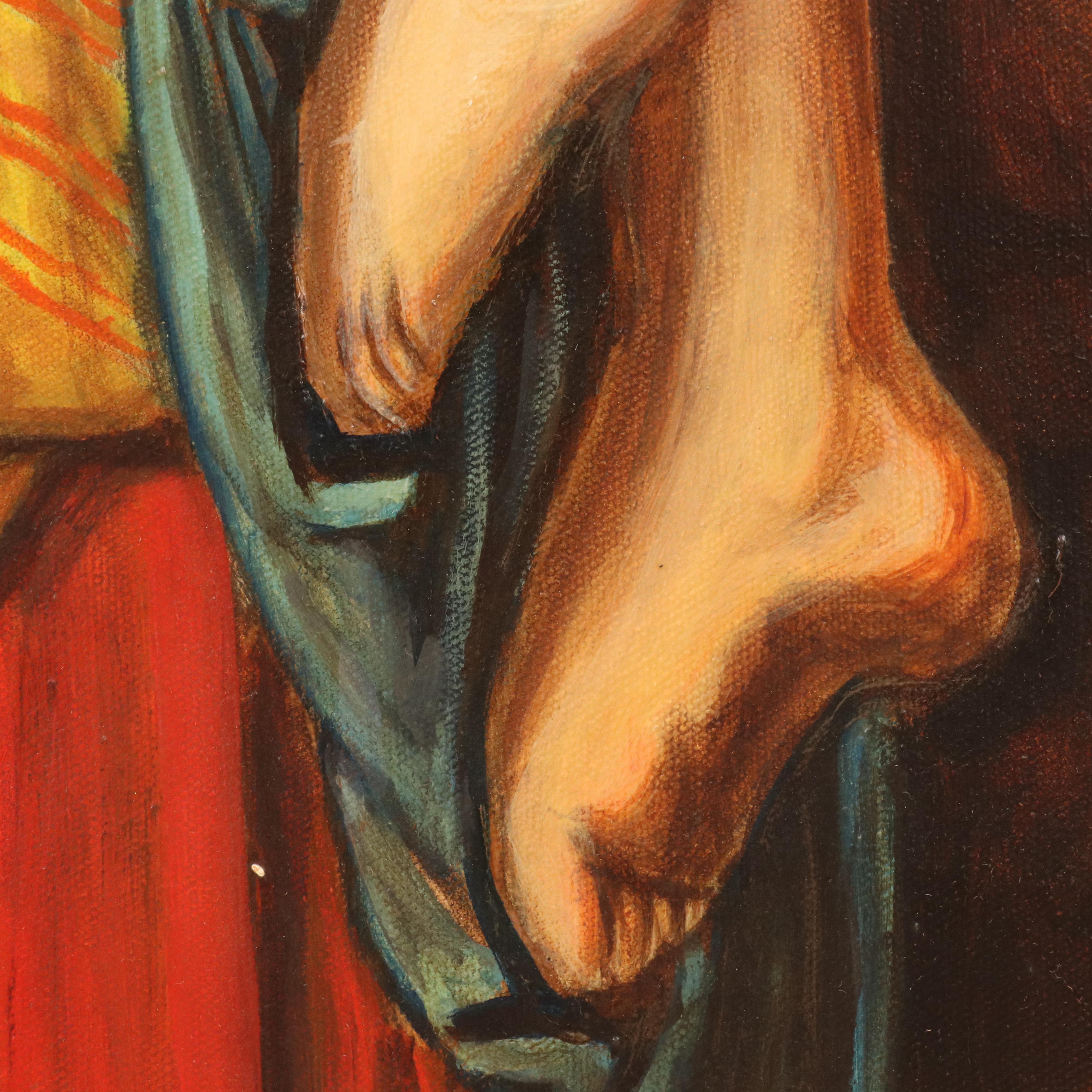 Portrait Oil Painting of Young Woman Holding Child, Late 20th Century