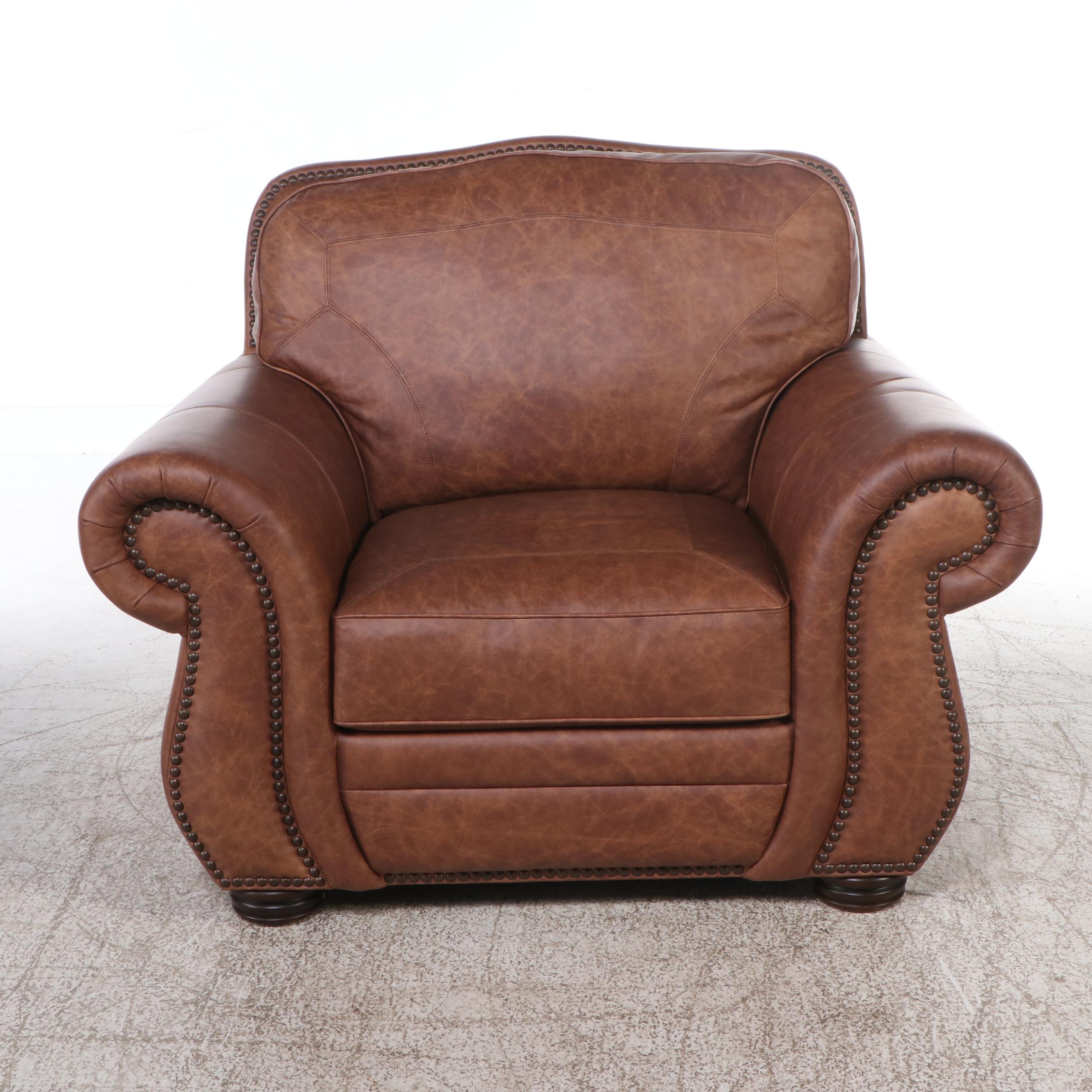 Artistic Leathers Contemporary Leather Upholstered Roll-Arm Chair with Ottoman