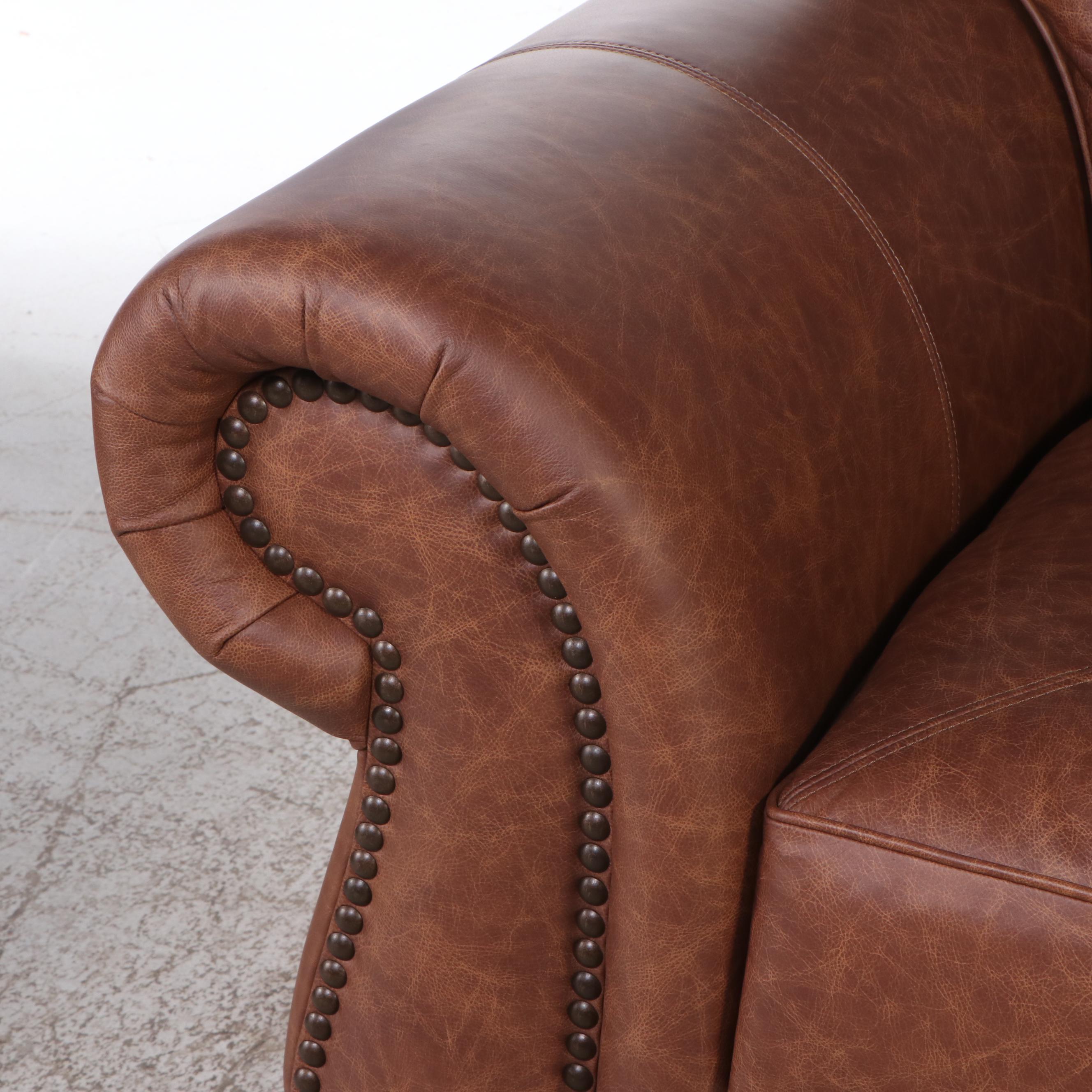 Artistic Leathers Contemporary Leather Upholstered Roll-Arm Chair with Ottoman