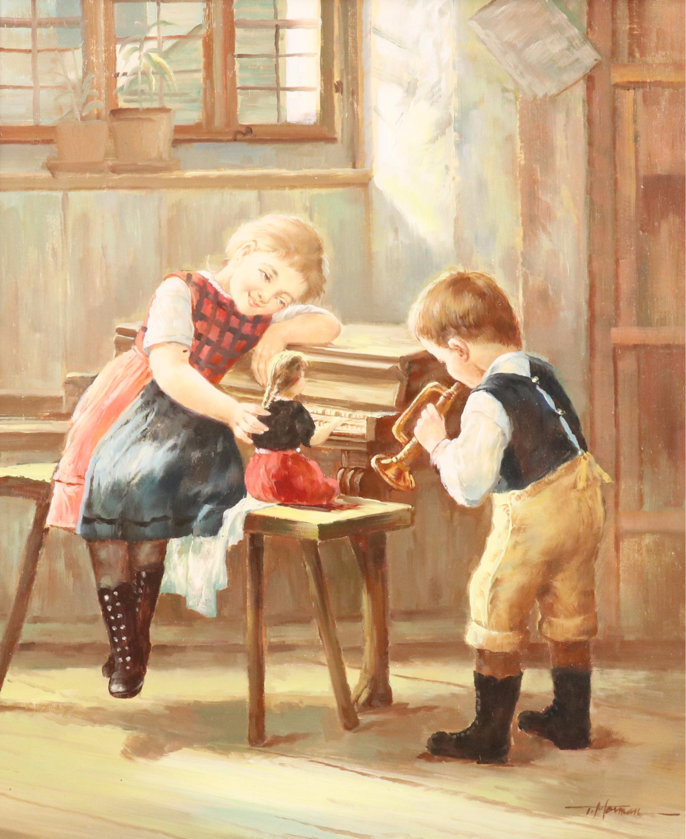 Thomas Morman Genre Oil Painting of Two Children Playing with Doll