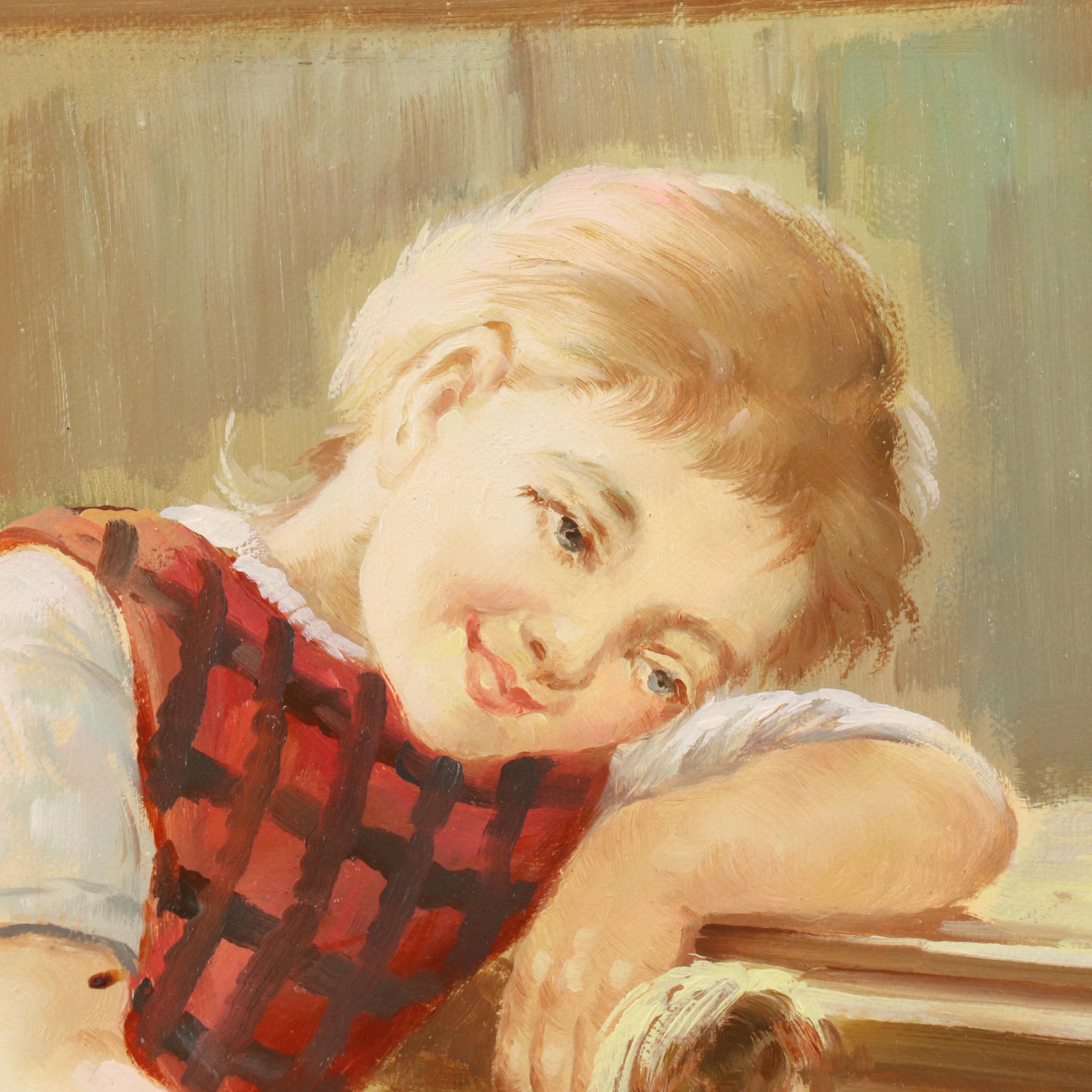 Thomas Morman Genre Oil Painting of Two Children Playing with Doll