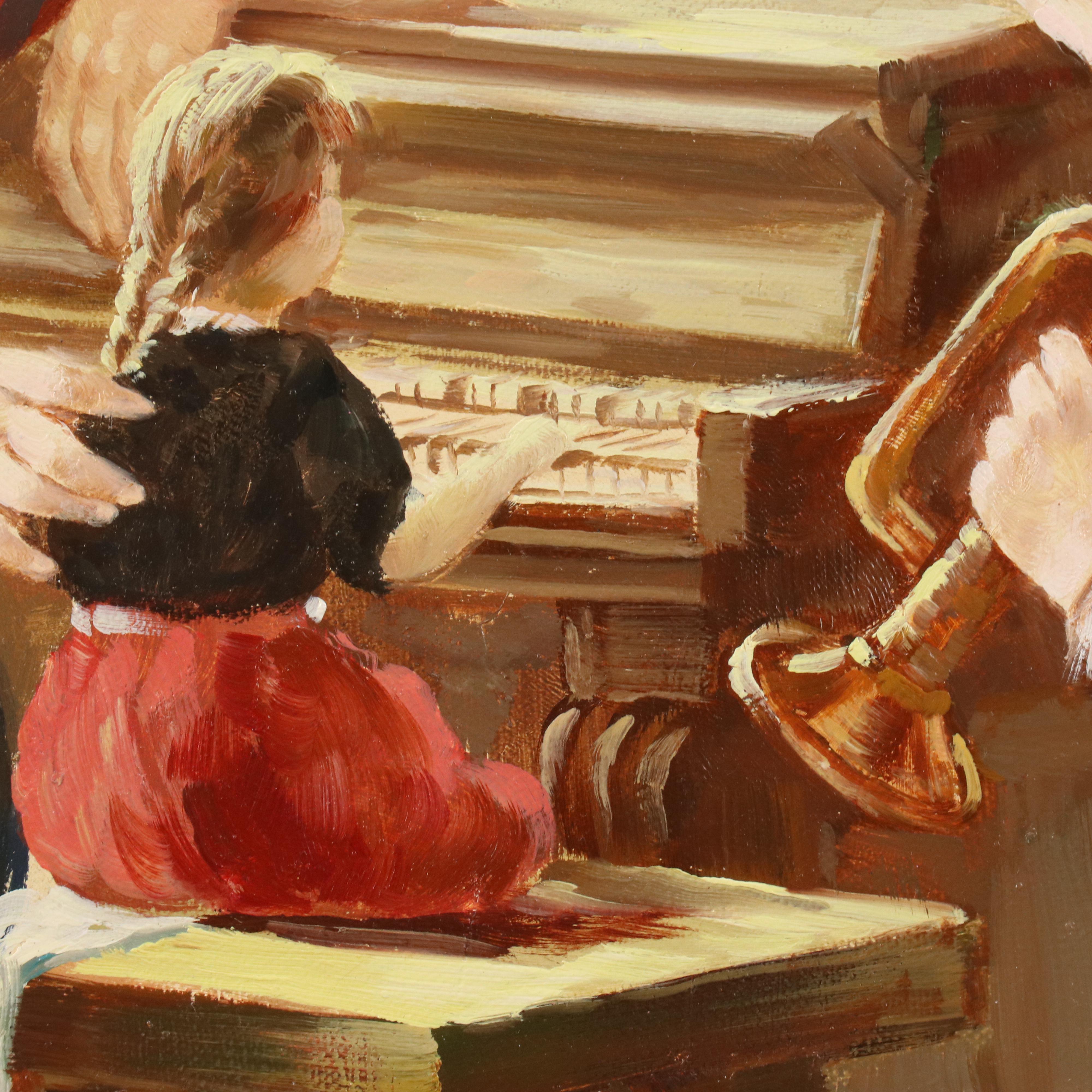 Thomas Morman Genre Oil Painting of Two Children Playing with Doll