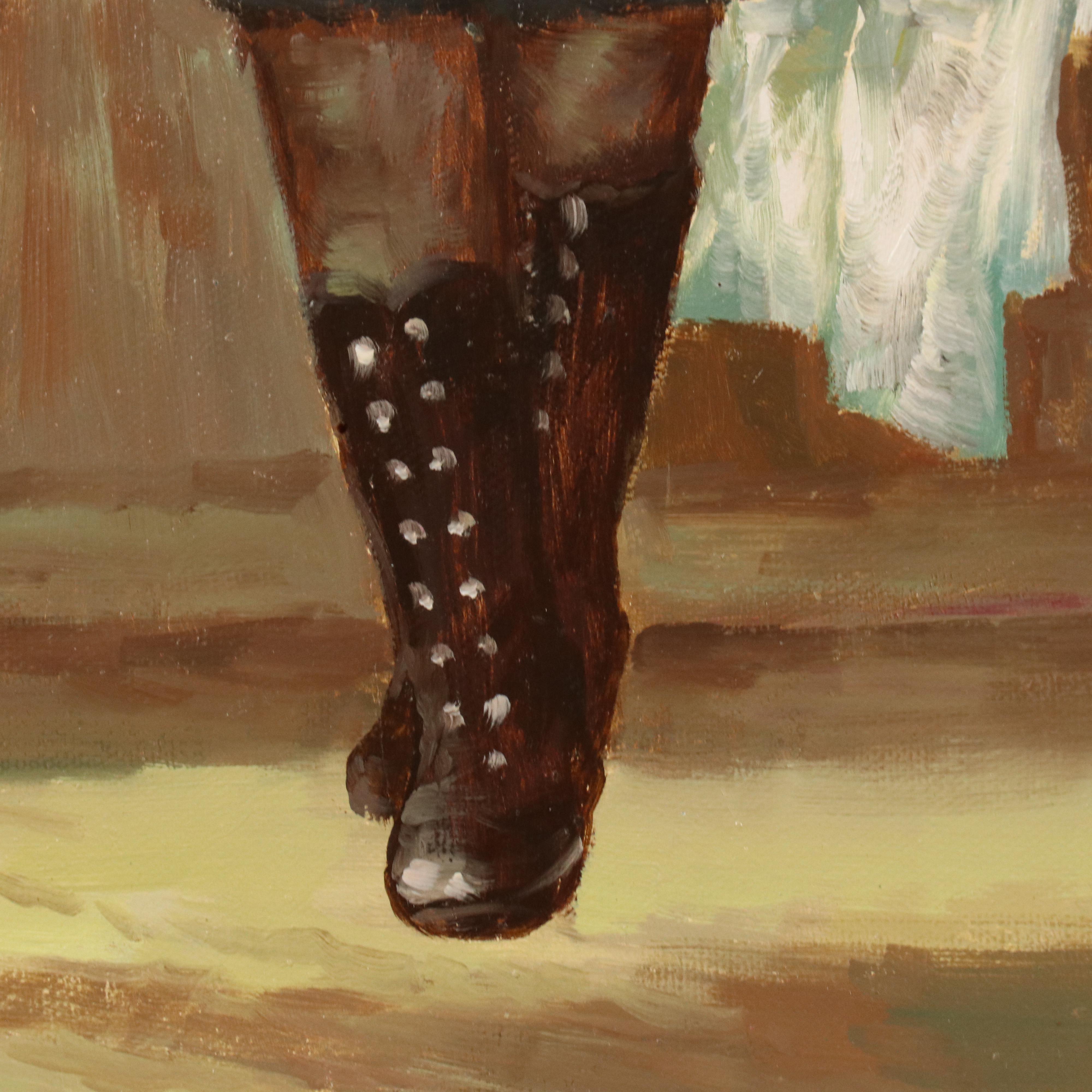 Thomas Morman Genre Oil Painting of Two Children Playing with Doll