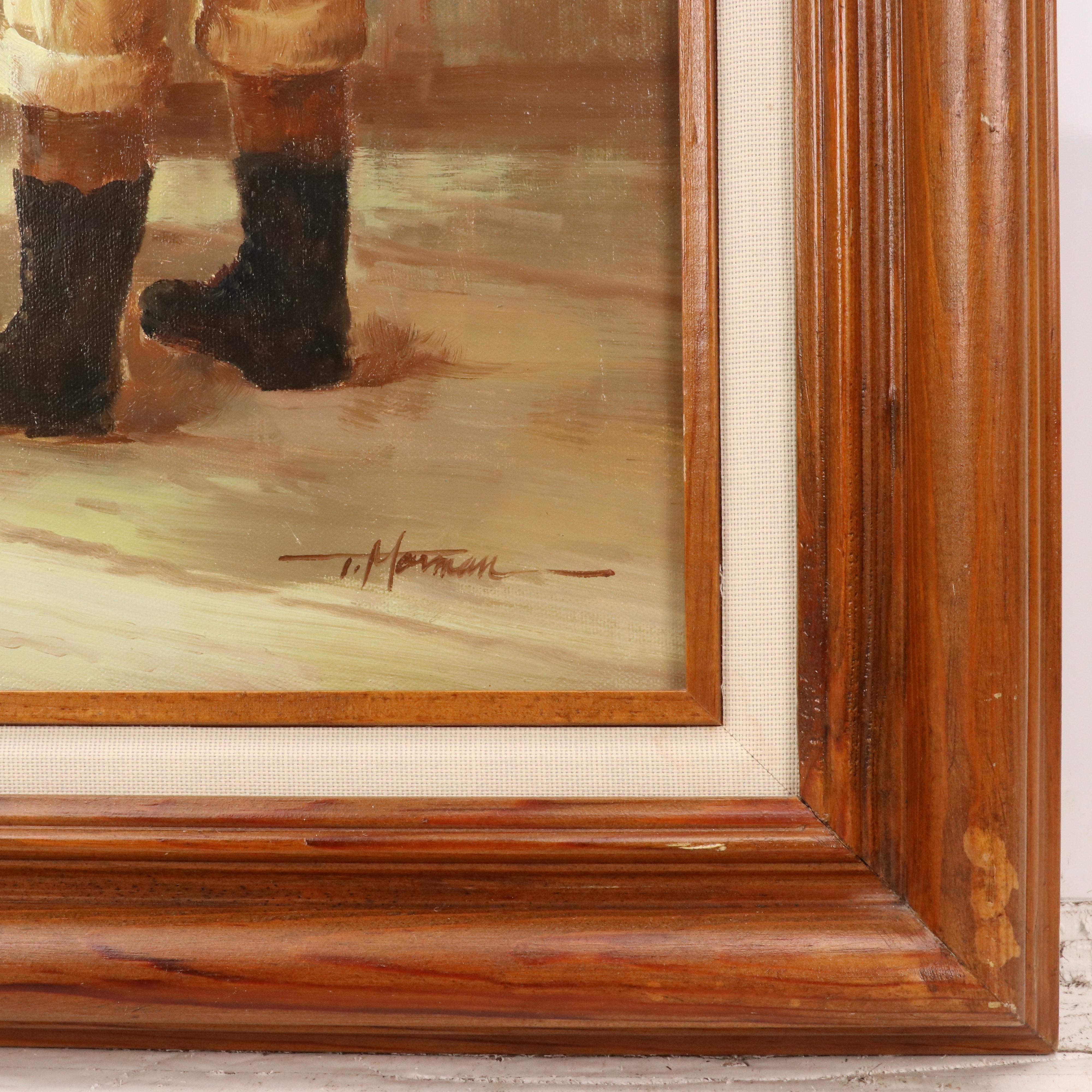 Thomas Morman Genre Oil Painting of Two Children Playing with Doll