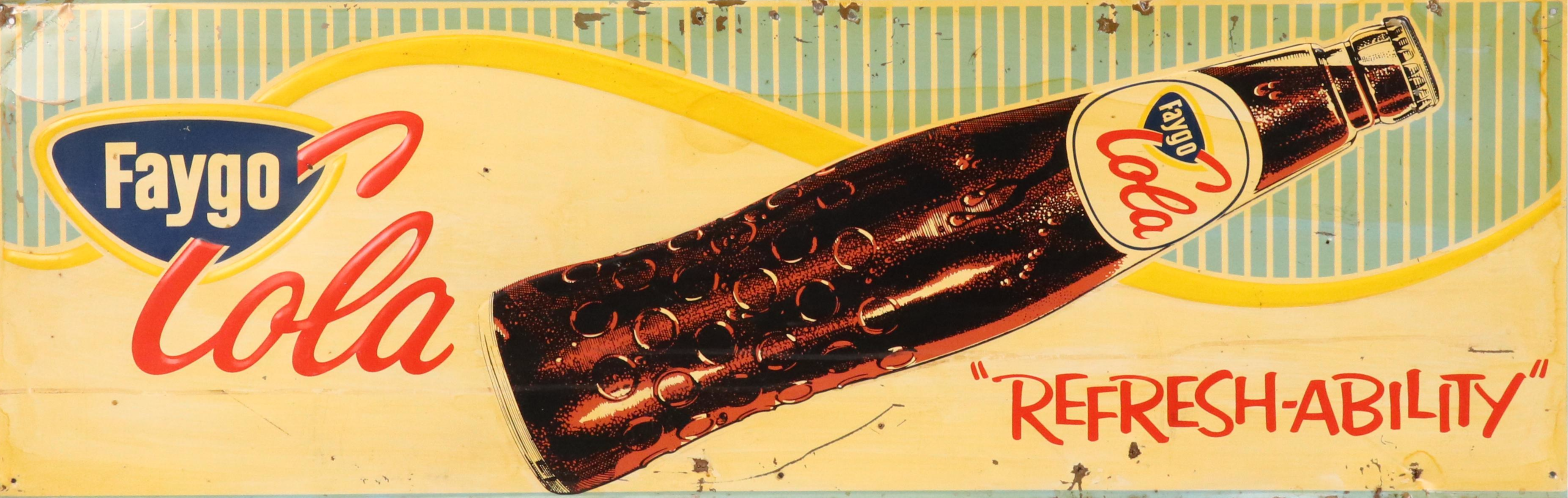 Faygo Cola "Refresh-Ability" Metal Advertising Sign, Mid-20th Century
