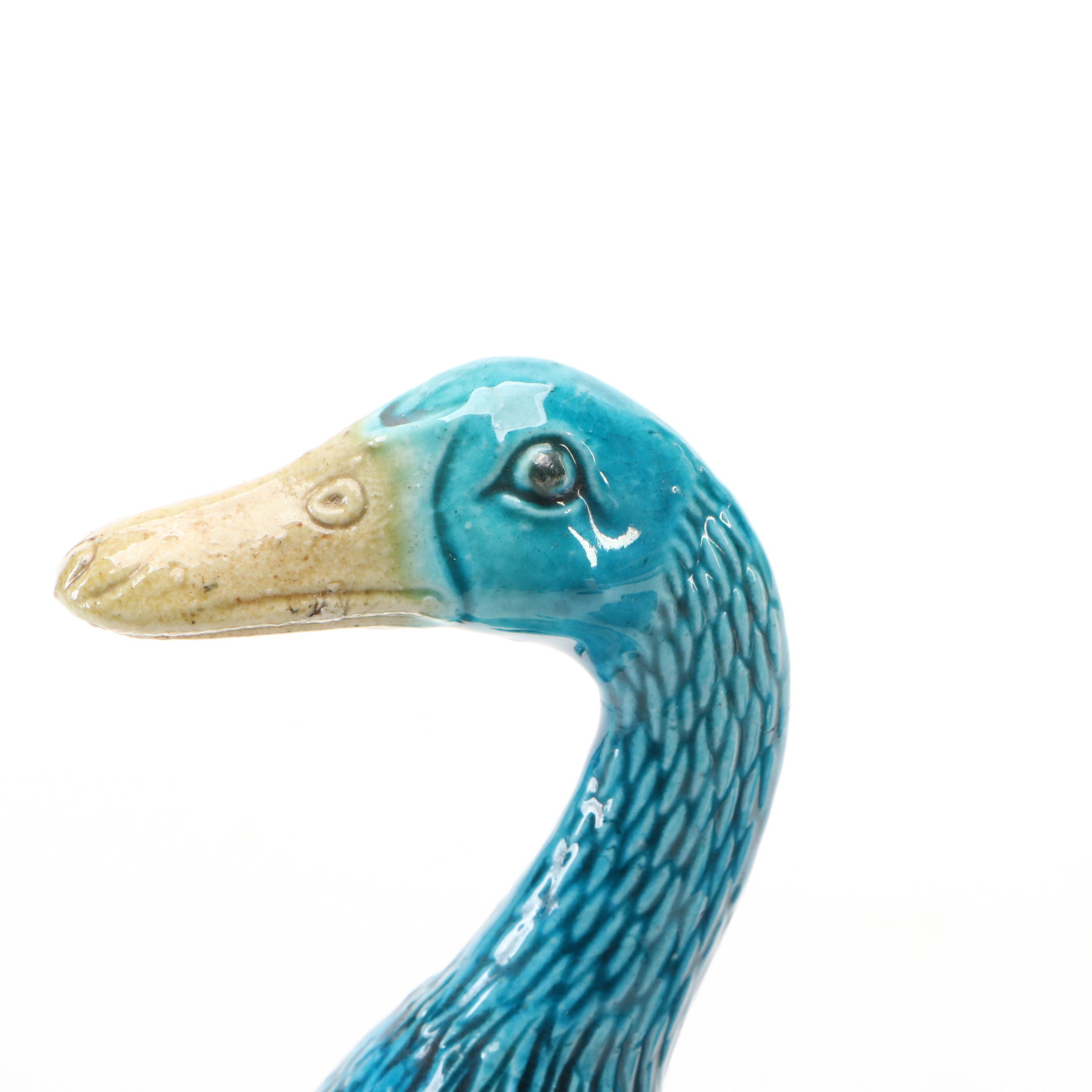 Chinese Turquoise Ceramic Peking Ducks Pair