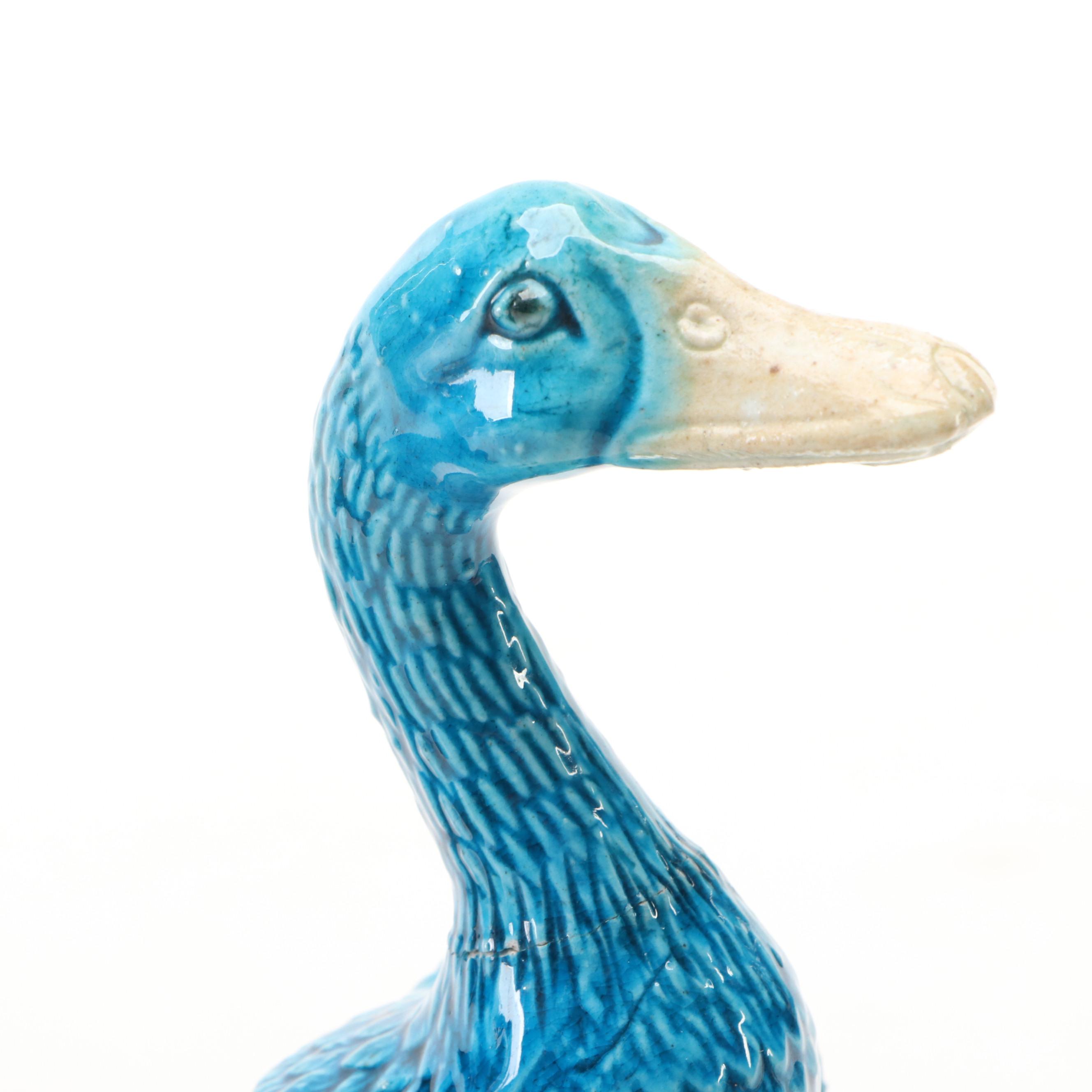 Chinese Turquoise Ceramic Peking Ducks Pair