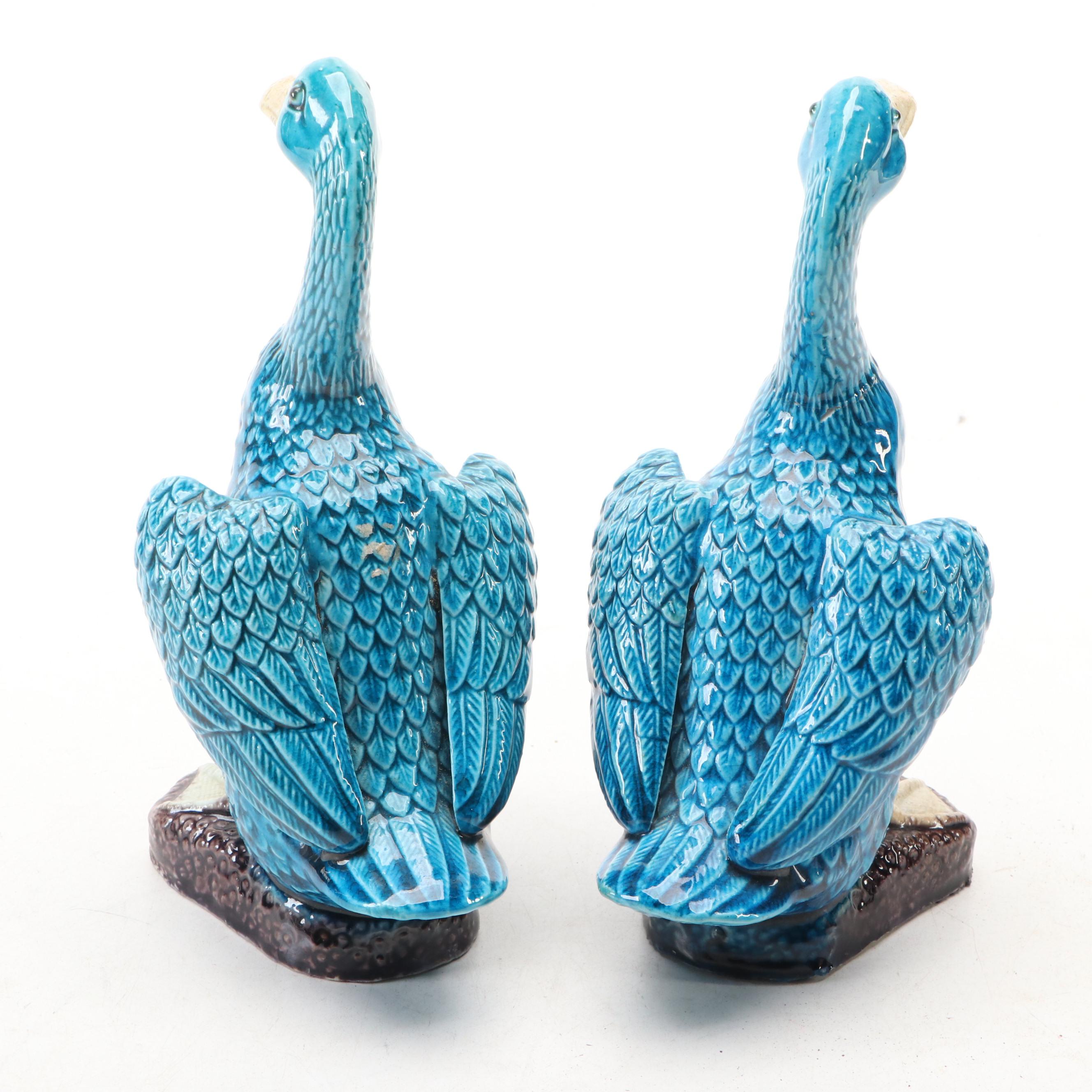 Chinese Turquoise Ceramic Peking Ducks Pair