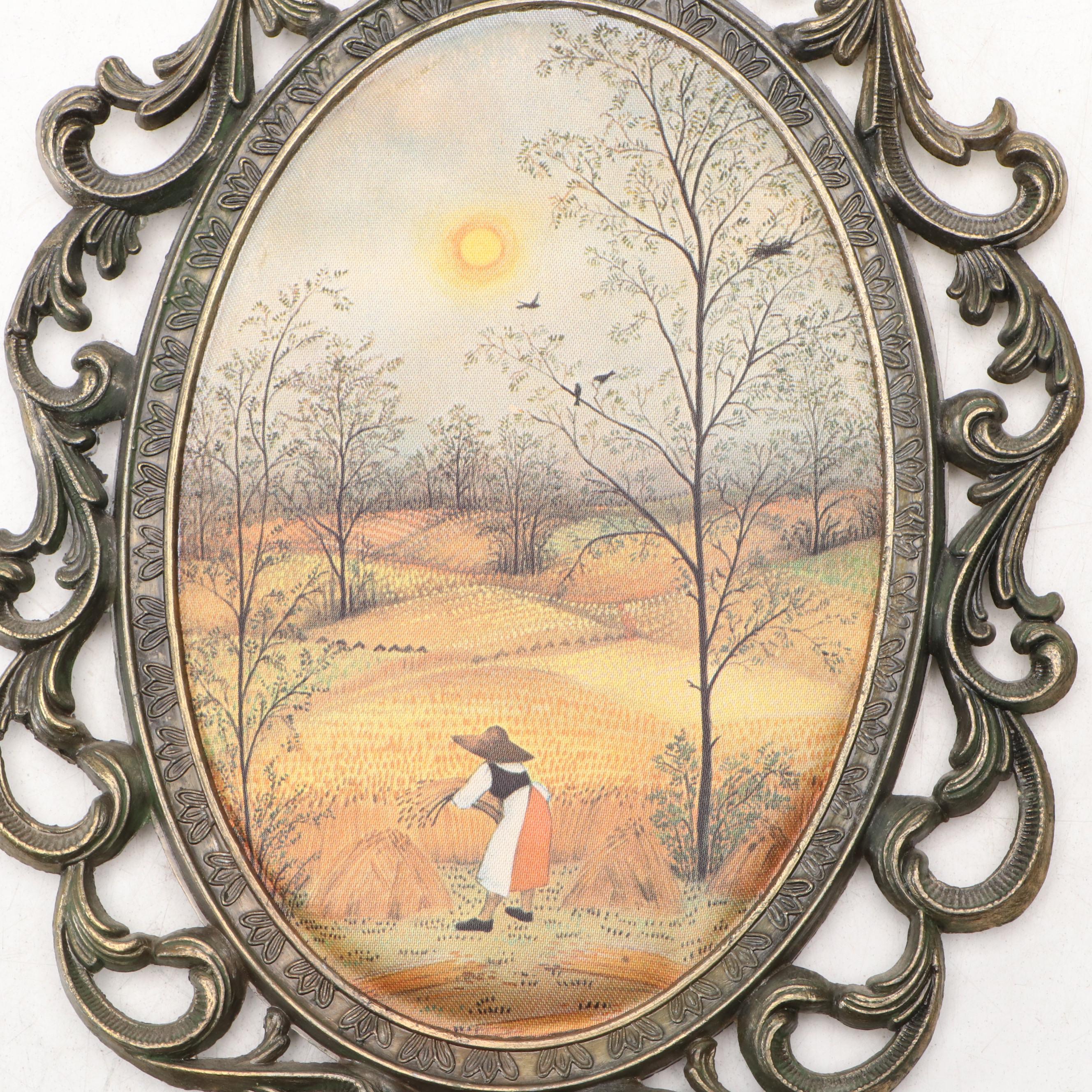 Italian Hand-Painted Silk Panels of Four Seasons Bucolic Genre Scenes, Framed