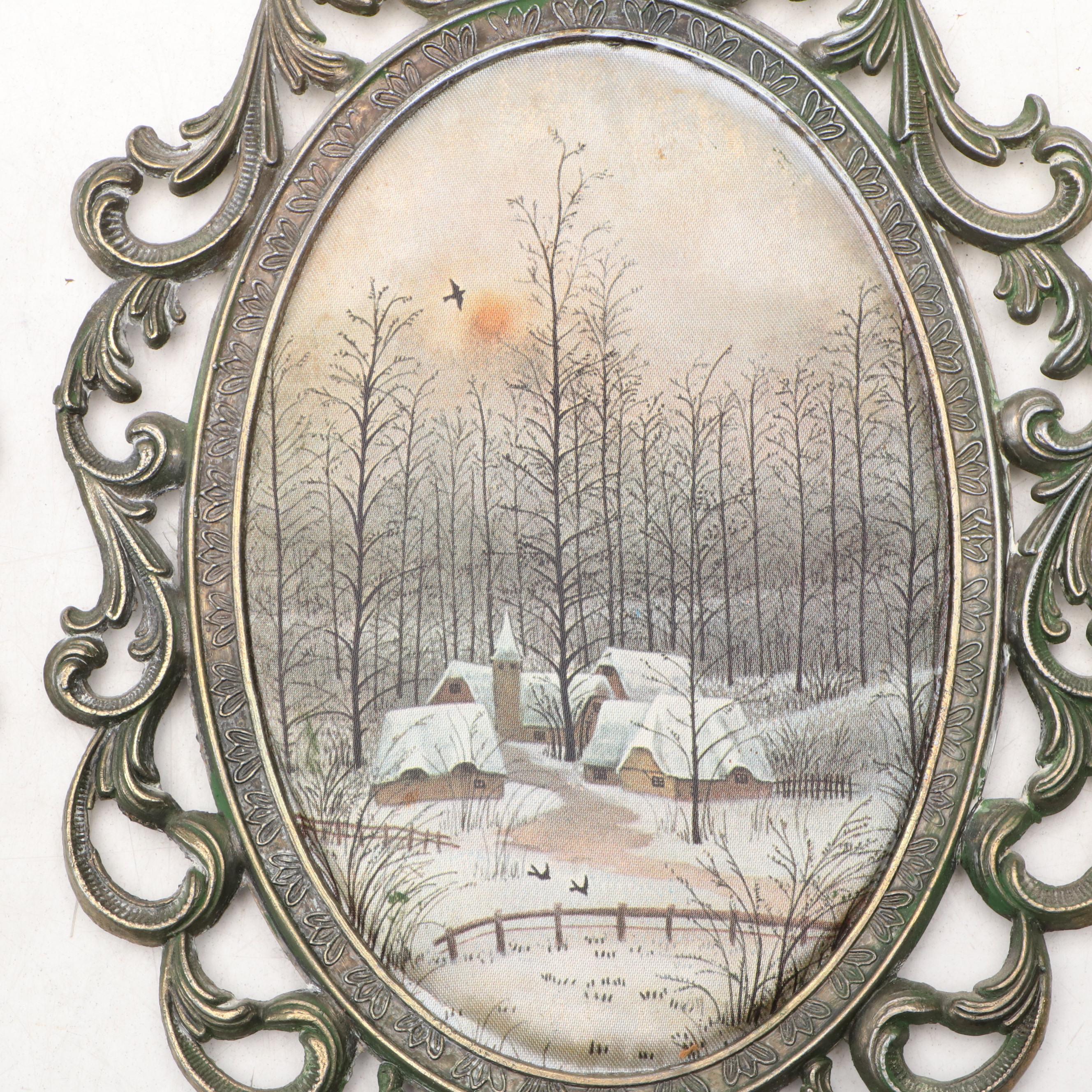 Italian Hand-Painted Silk Panels of Four Seasons Bucolic Genre Scenes, Framed