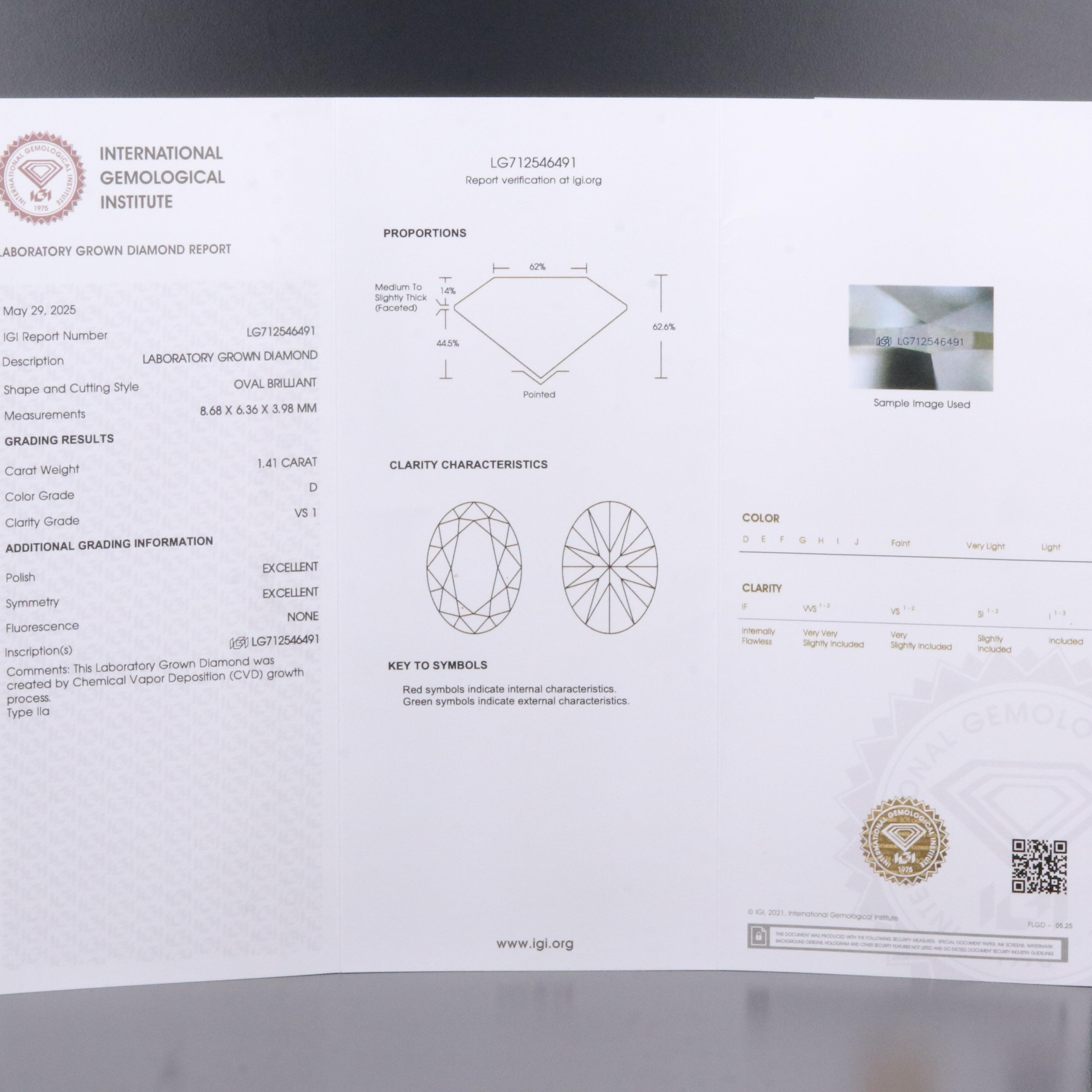 Loose 1.41 CT Lab Grown Diamond with IGI Report