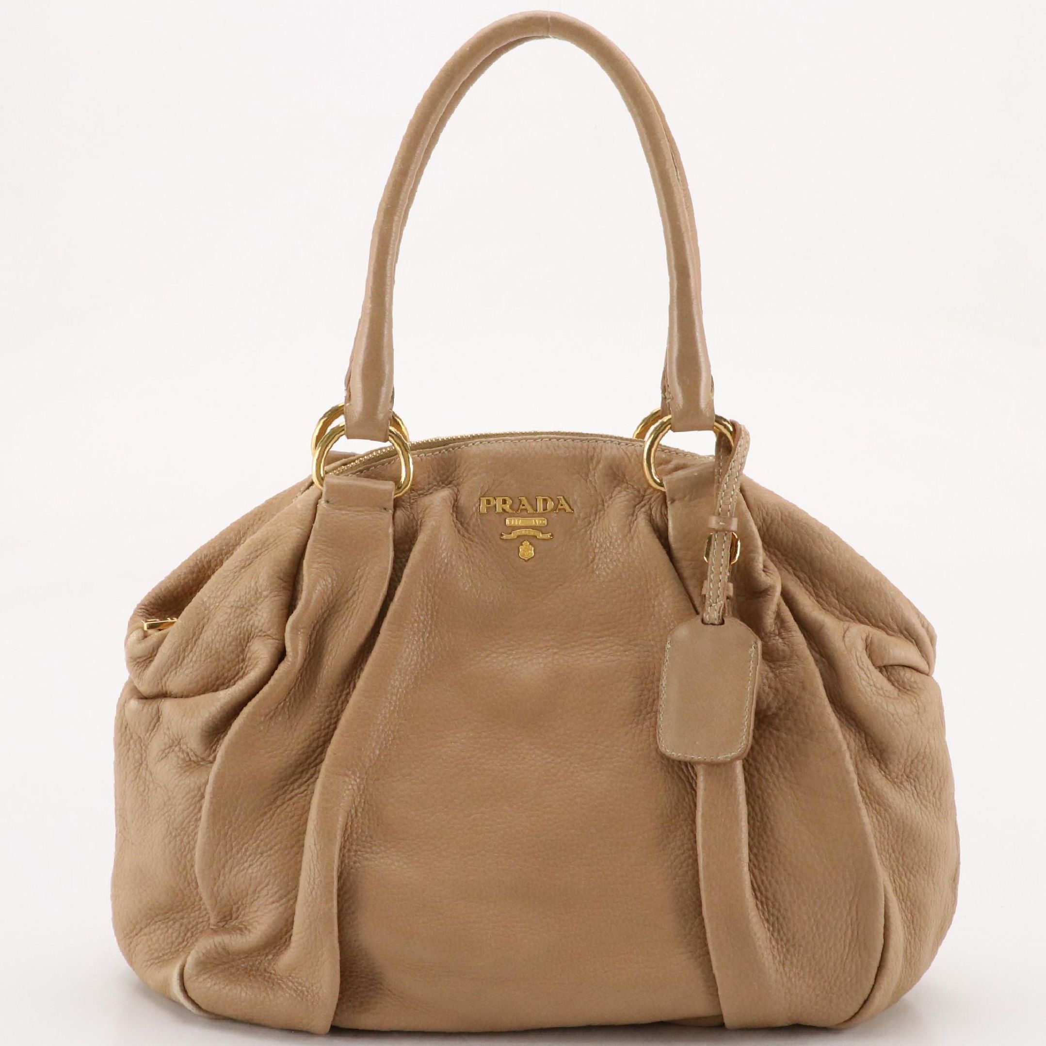 Prada Pleated Satchel in Brown Grained Leather