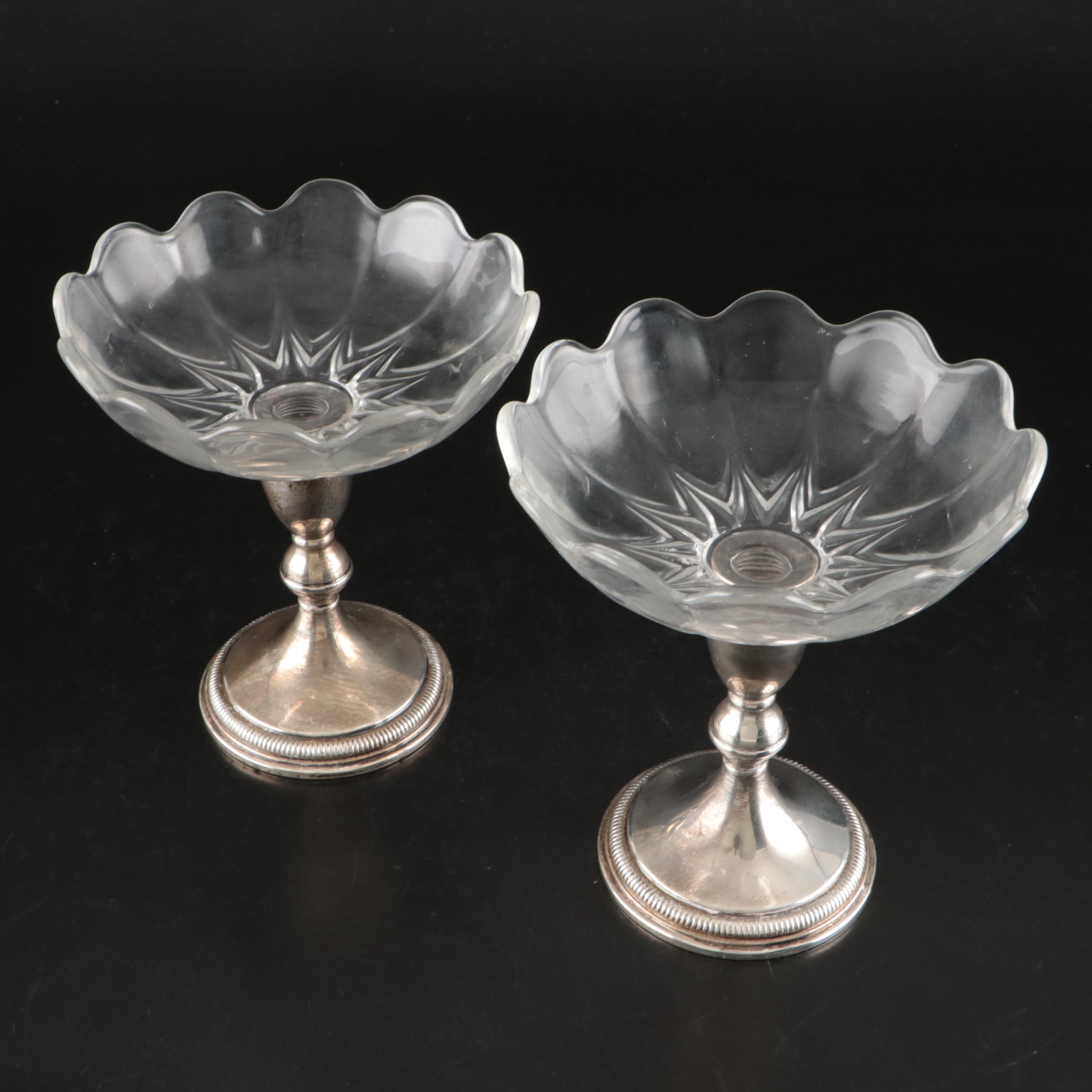 Gorham and Preisner Sterling Silver Candlestick and Glass Pedestal Bowls