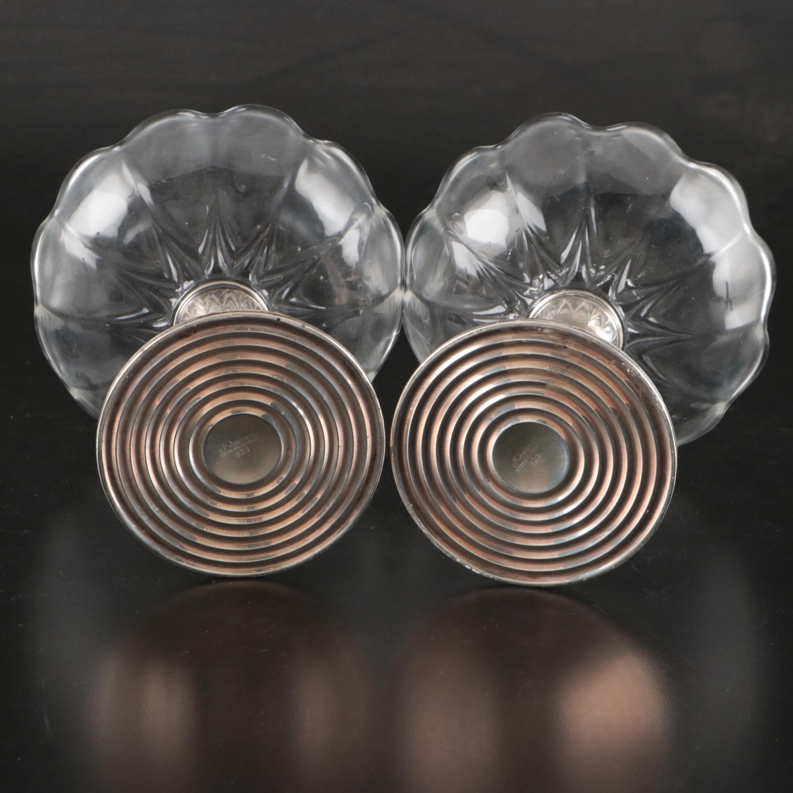 Gorham and Preisner Sterling Silver Candlestick and Glass Pedestal Bowls