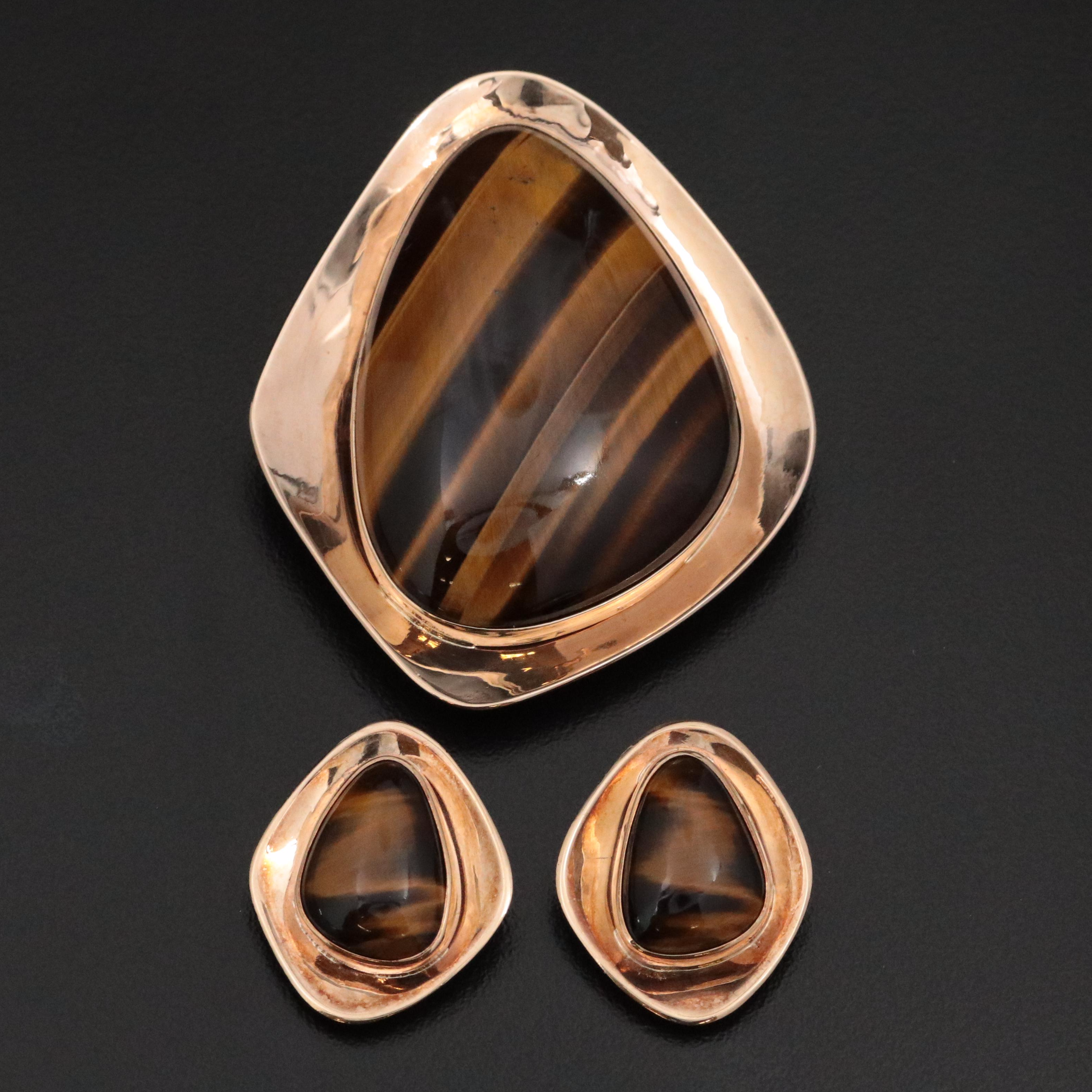 Modernist 9K Rose Gold Tiger's Eye Earrings and Converter Brooch