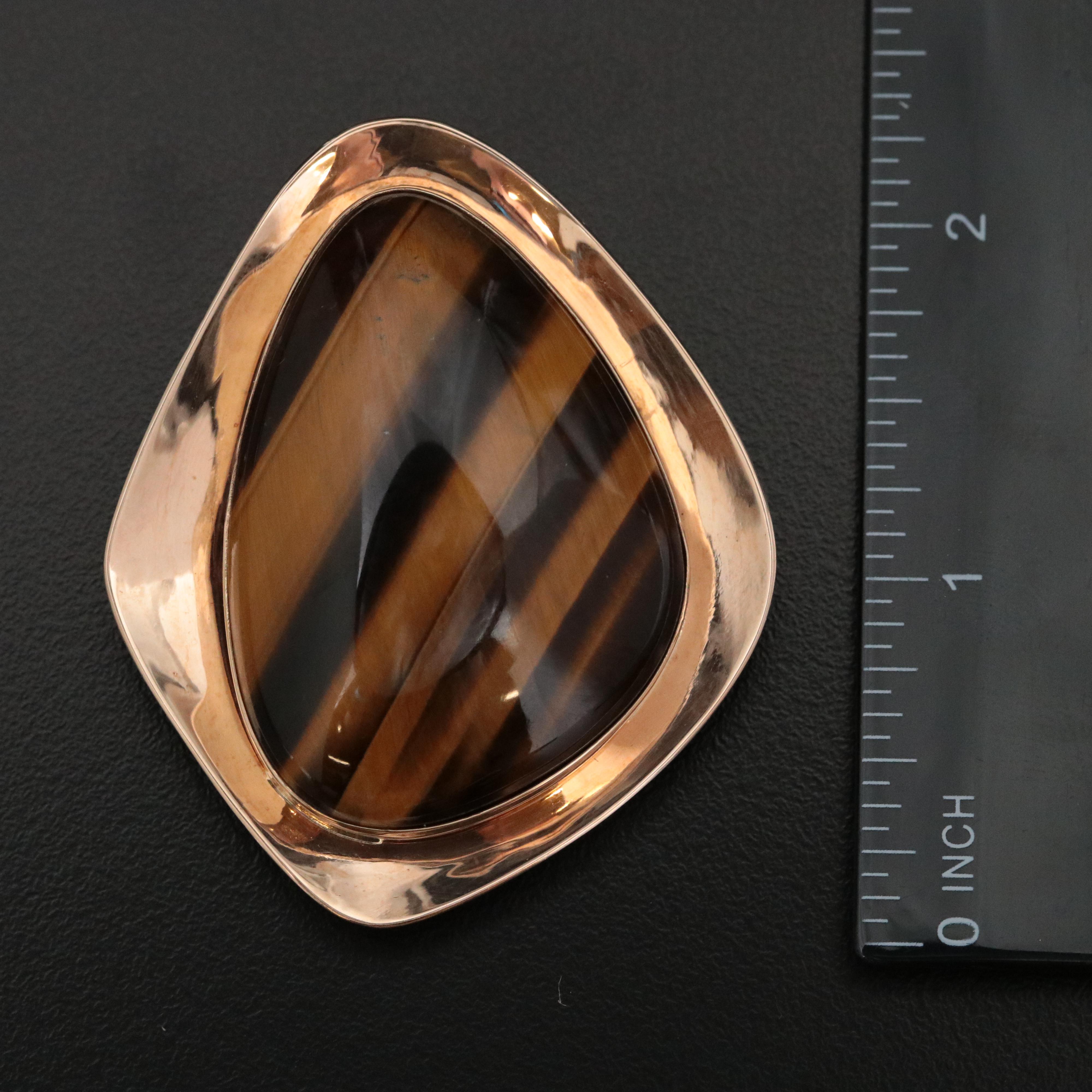 Modernist 9K Rose Gold Tiger's Eye Earrings and Converter Brooch