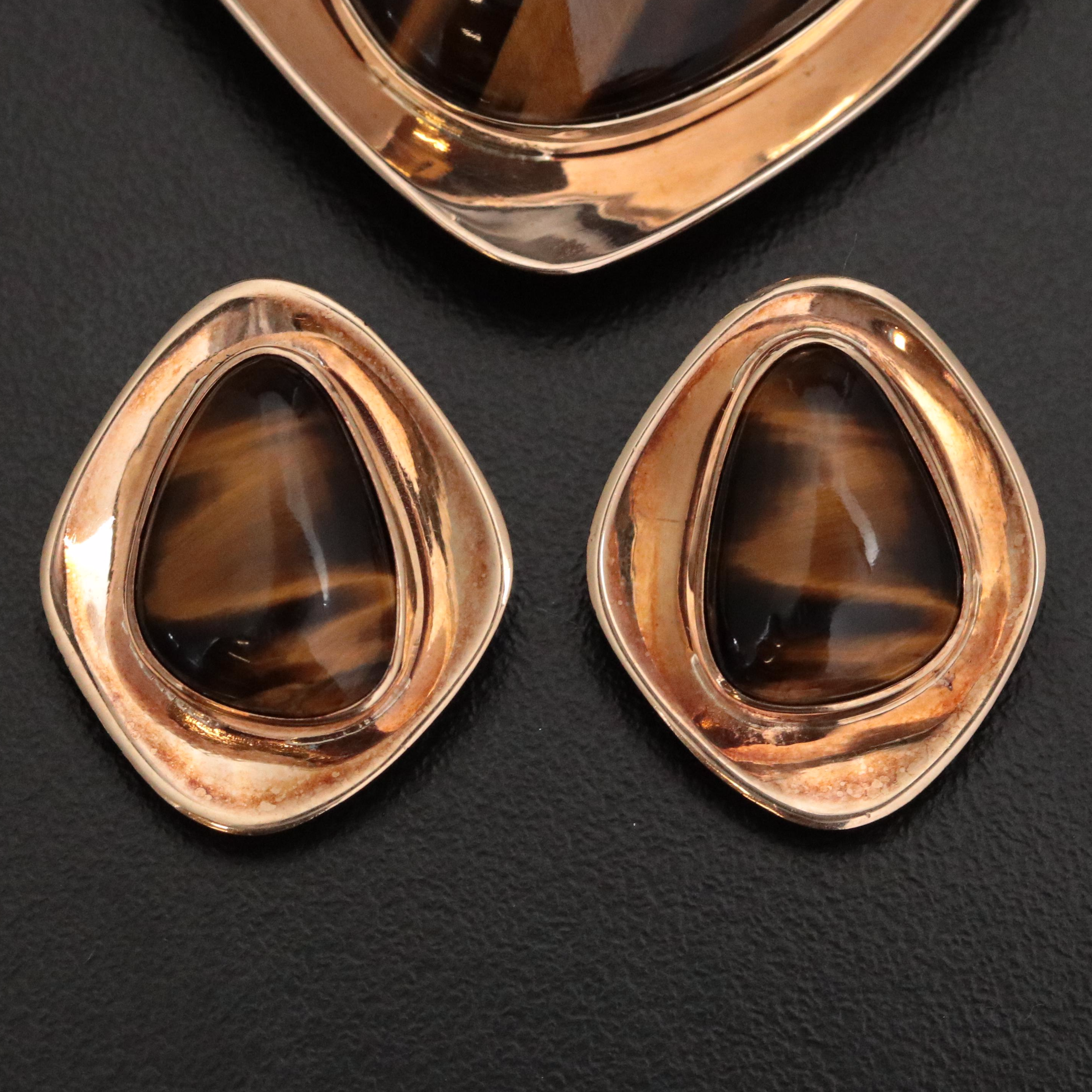 Modernist 9K Rose Gold Tiger's Eye Earrings and Converter Brooch