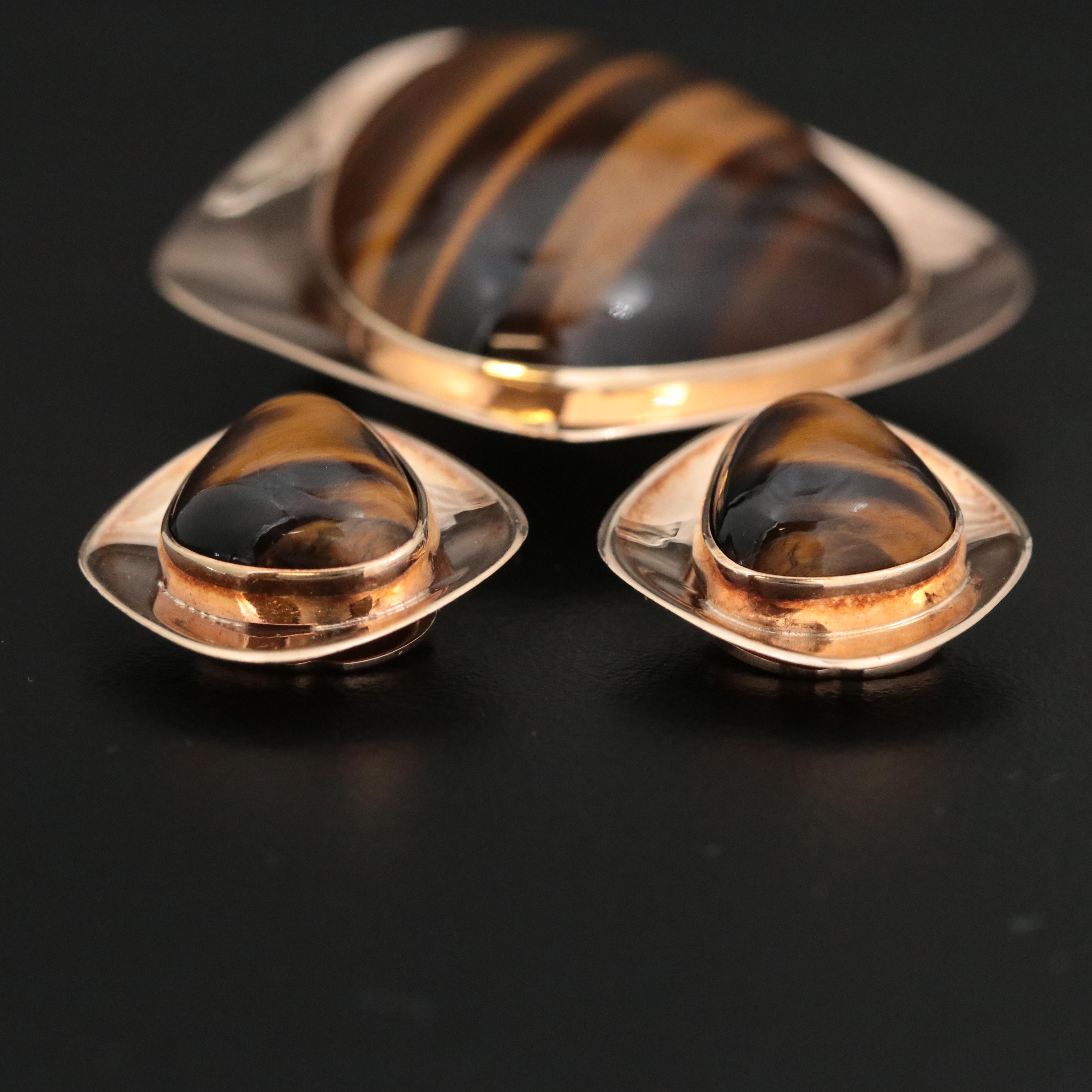 Modernist 9K Rose Gold Tiger's Eye Earrings and Converter Brooch