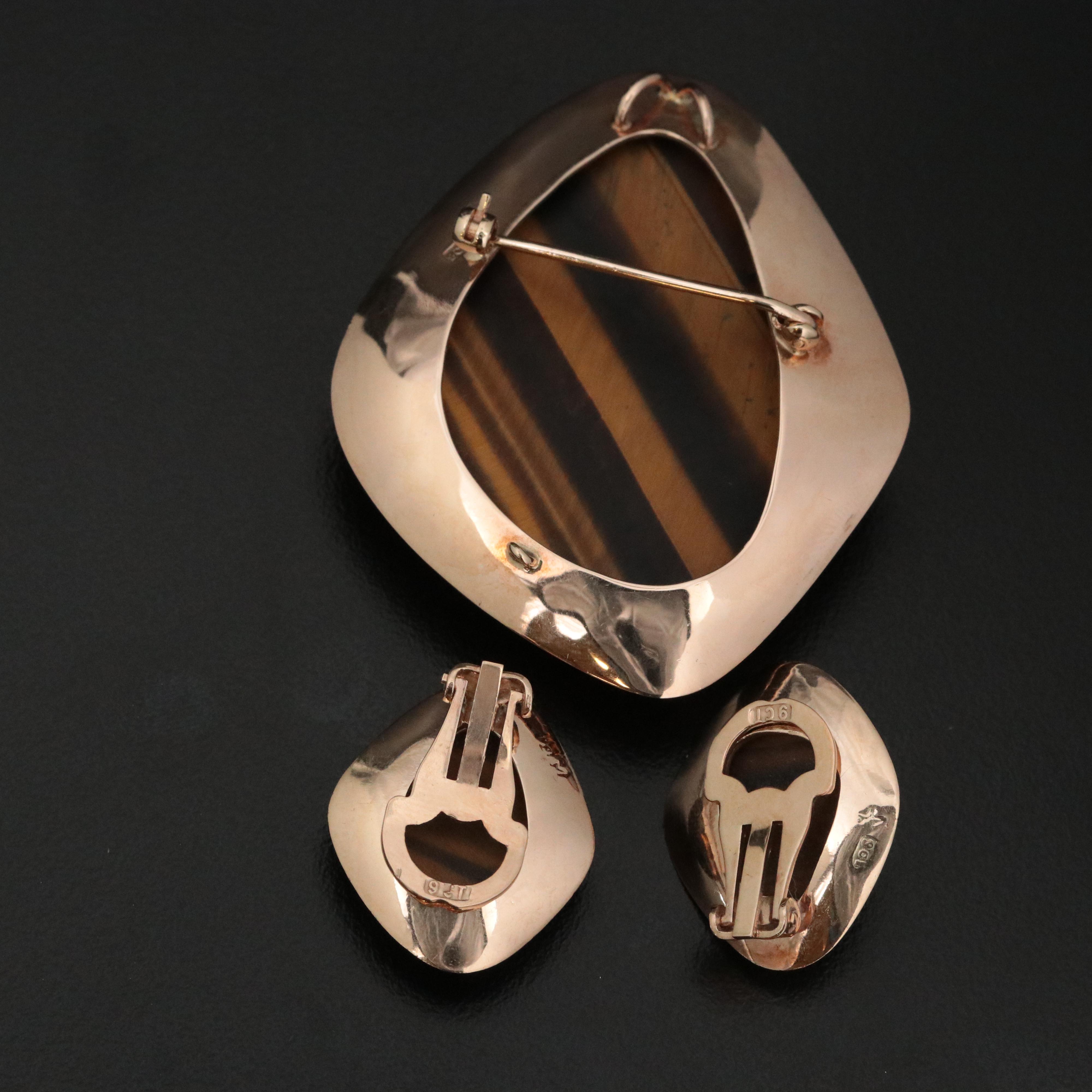 Modernist 9K Rose Gold Tiger's Eye Earrings and Converter Brooch